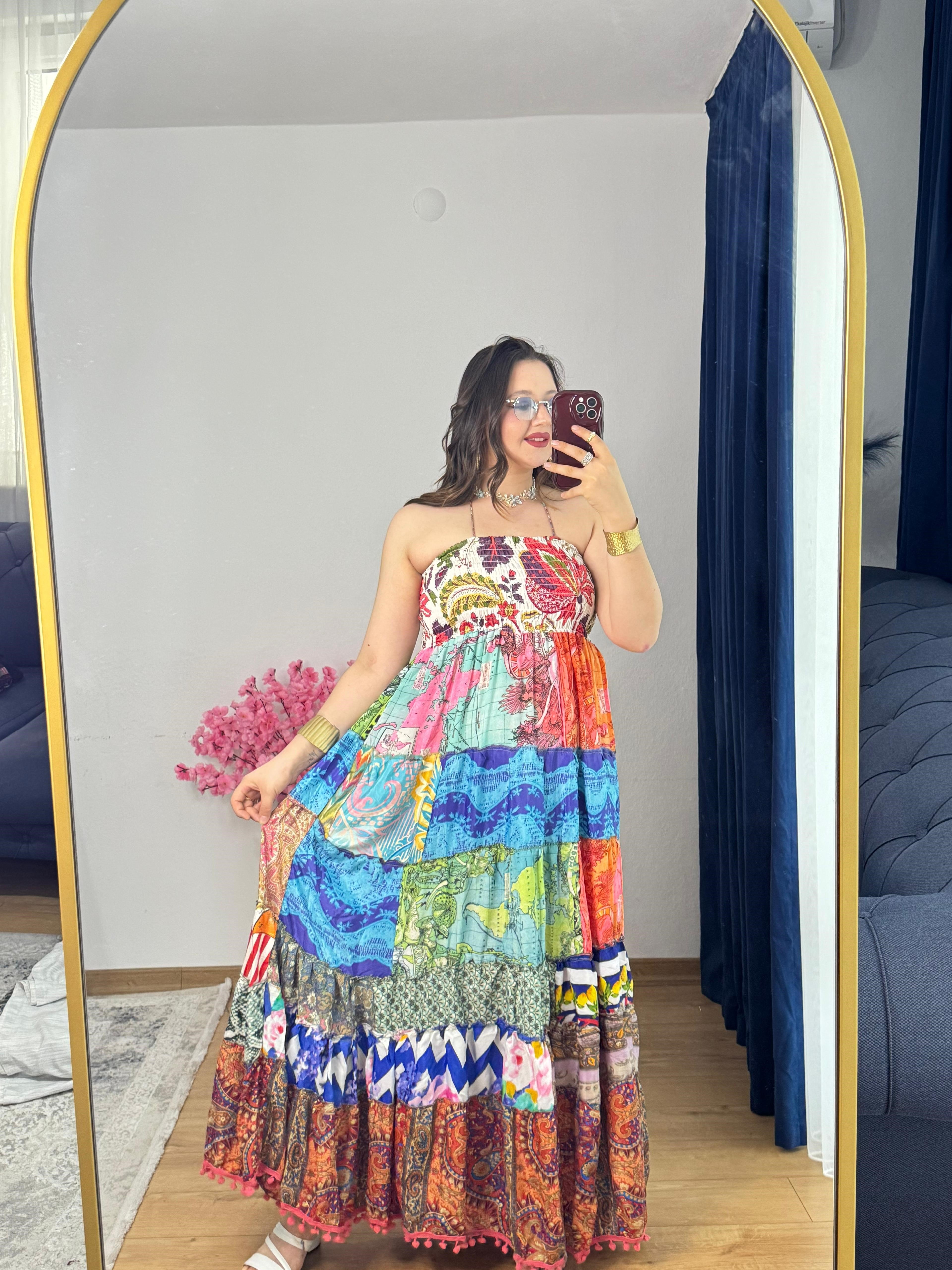İpek Patchwork Straplez Elbise -51