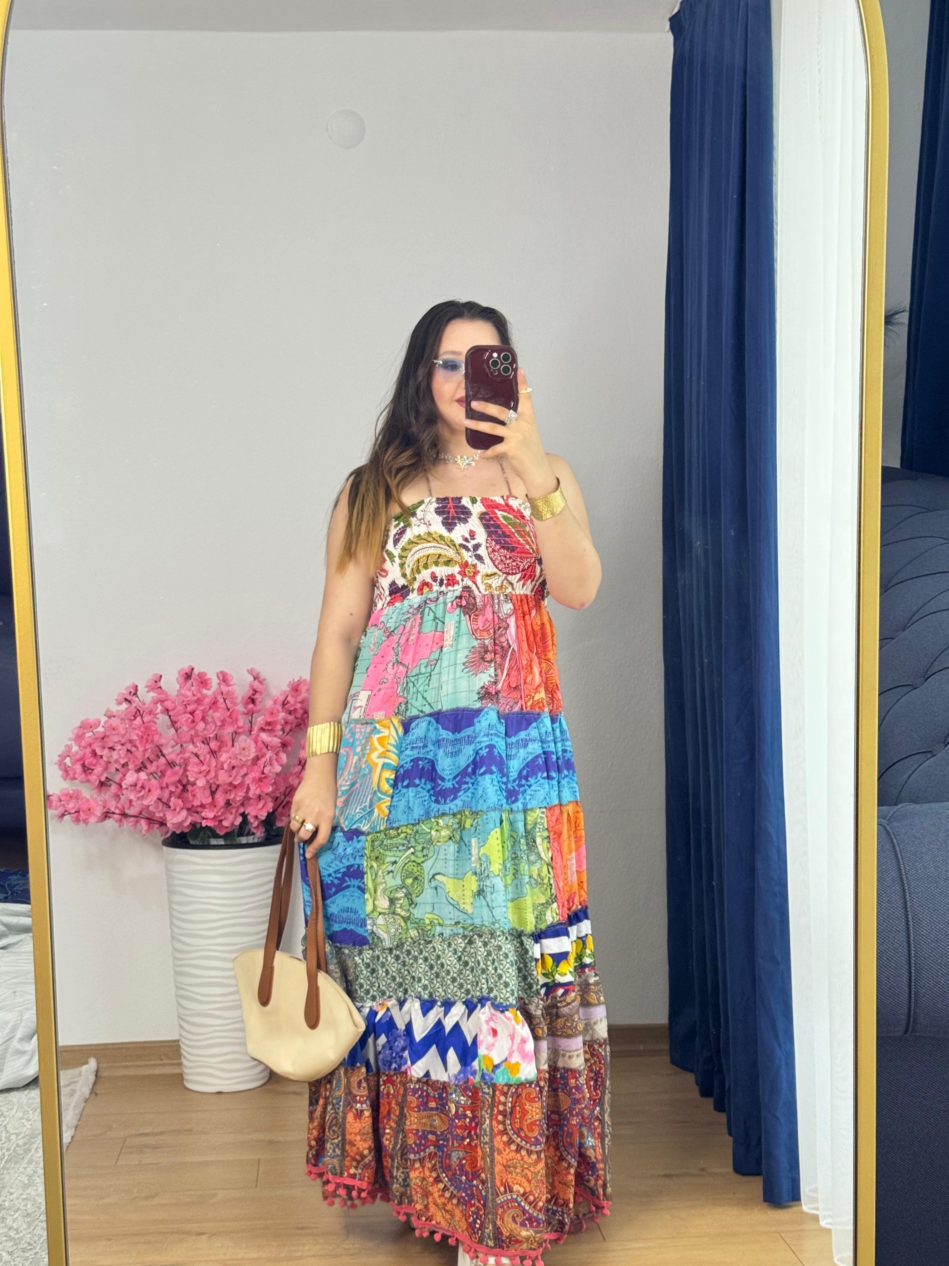 İpek Patchwork Straplez Elbise -51