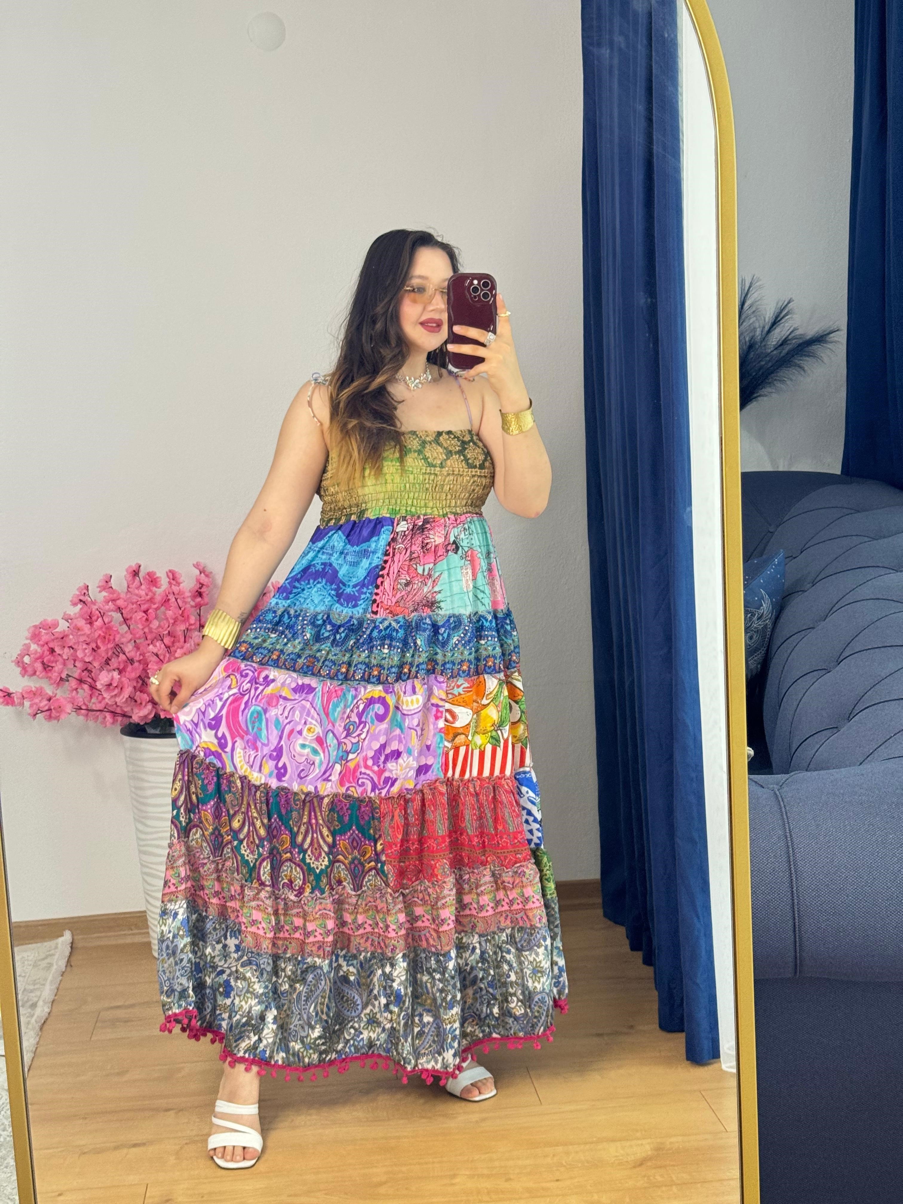 İpek Patchwork Straplez Elbise -52