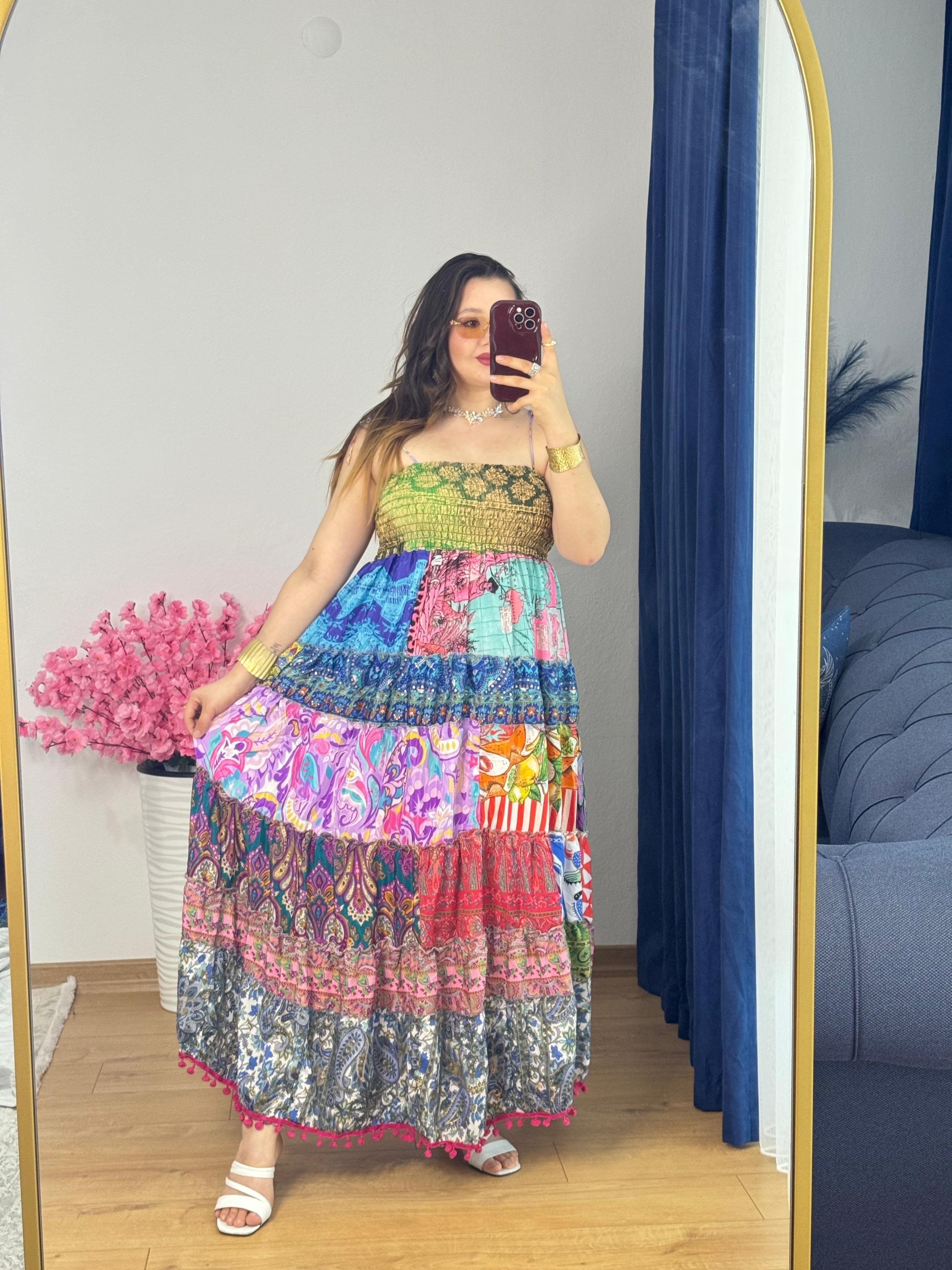 İpek Patchwork Straplez Elbise -52
