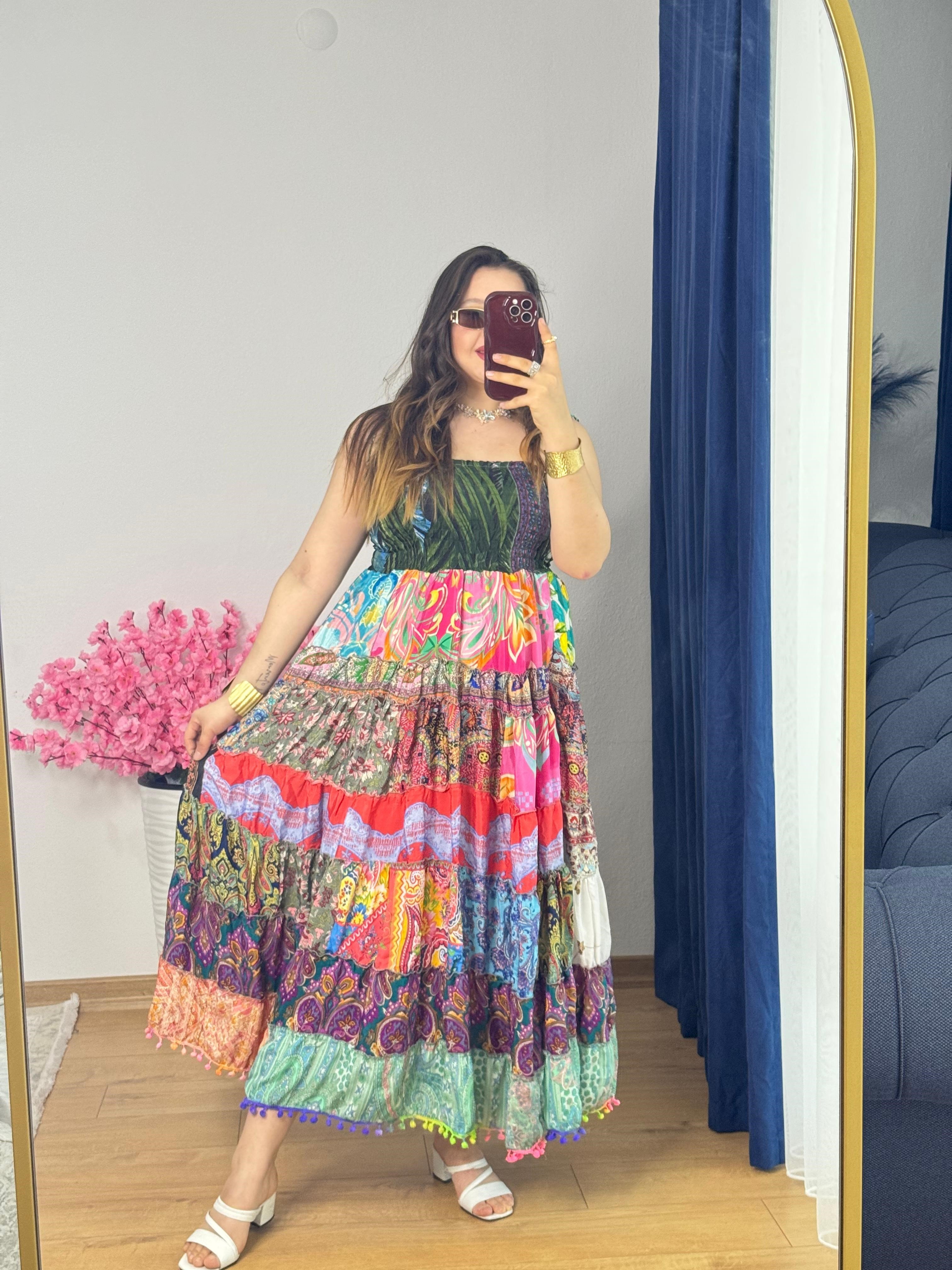 İpek Patchwork Straplez Elbise -53
