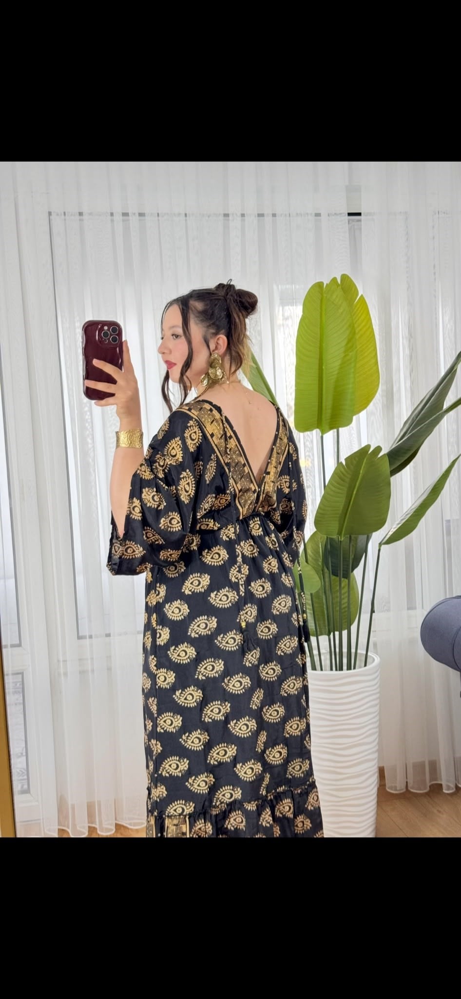 İpek Siyah Gold Detay Kaftan Elbise  -333