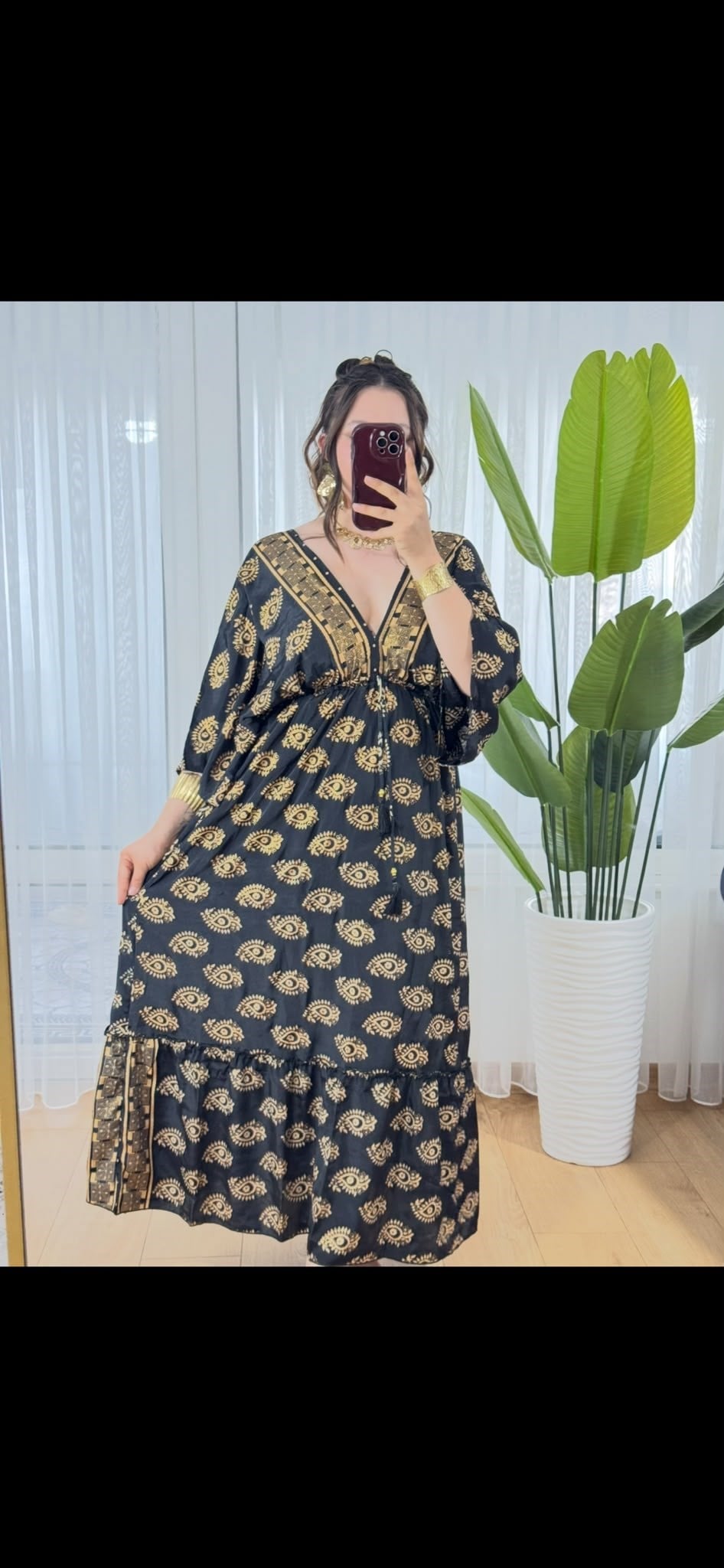 İpek Siyah Gold Detay Kaftan Elbise  -333