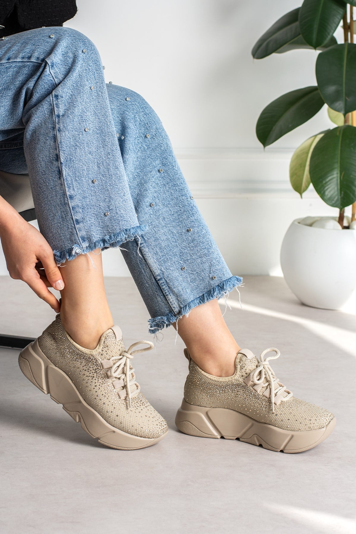 Bej Işıltılı Taş Detaylı - Günlük Kadın Sneaker Bağcıklı Triko Esnek Hafif Ve Kalın Spor Ayakkabı