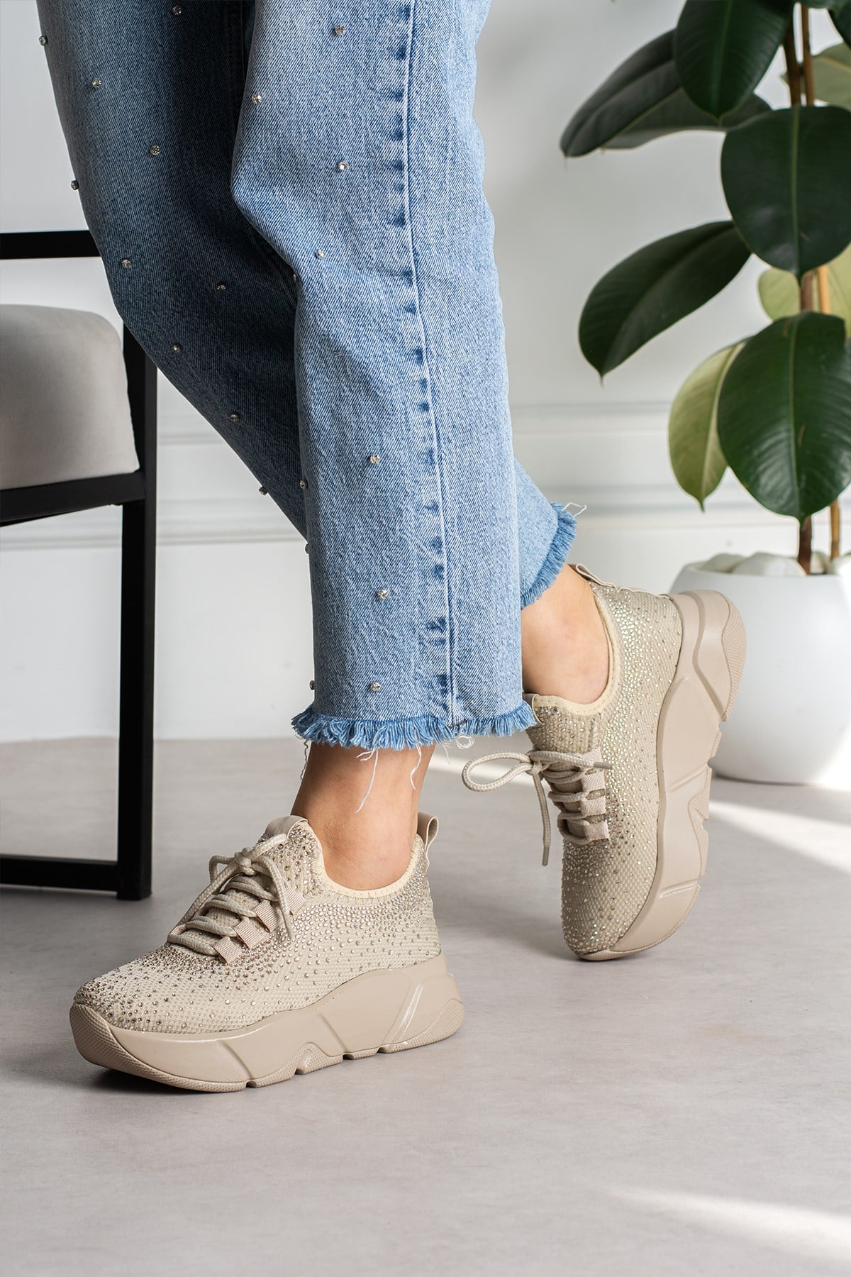 Bej Işıltılı Taş Detaylı - Günlük Kadın Sneaker Bağcıklı Triko Esnek Hafif Ve Kalın Spor Ayakkabı