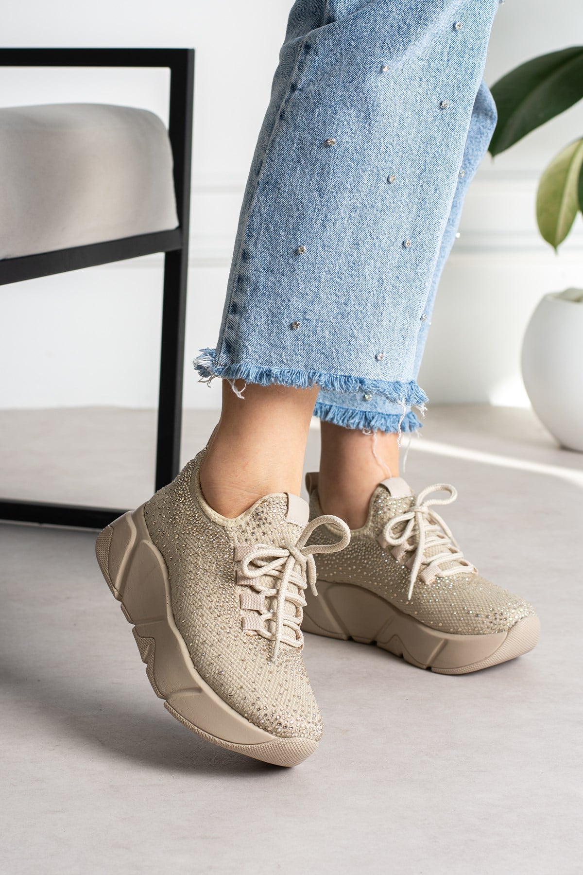 Bej Işıltılı Taş Detaylı - Günlük Kadın Sneaker Bağcıklı Triko Esnek Hafif Ve Kalın Spor Ayakkabı