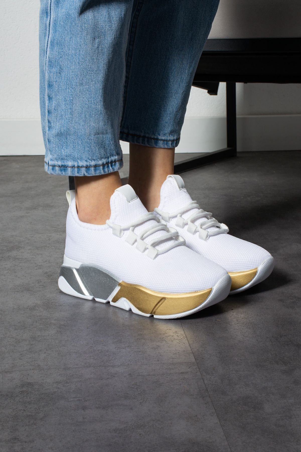 Beyaz-platin Kadın Bağcık Detaylı Fileli Sneaker Ve Günlük Kadın Spor Ayakkabı Kadın Sneakers