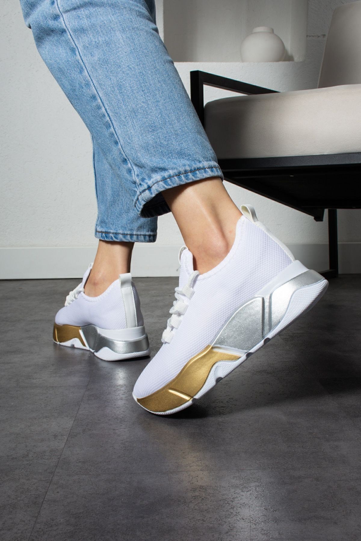 Beyaz-platin Kadın Bağcık Detaylı Fileli Sneaker Ve Günlük Kadın Spor Ayakkabı Kadın Sneakers