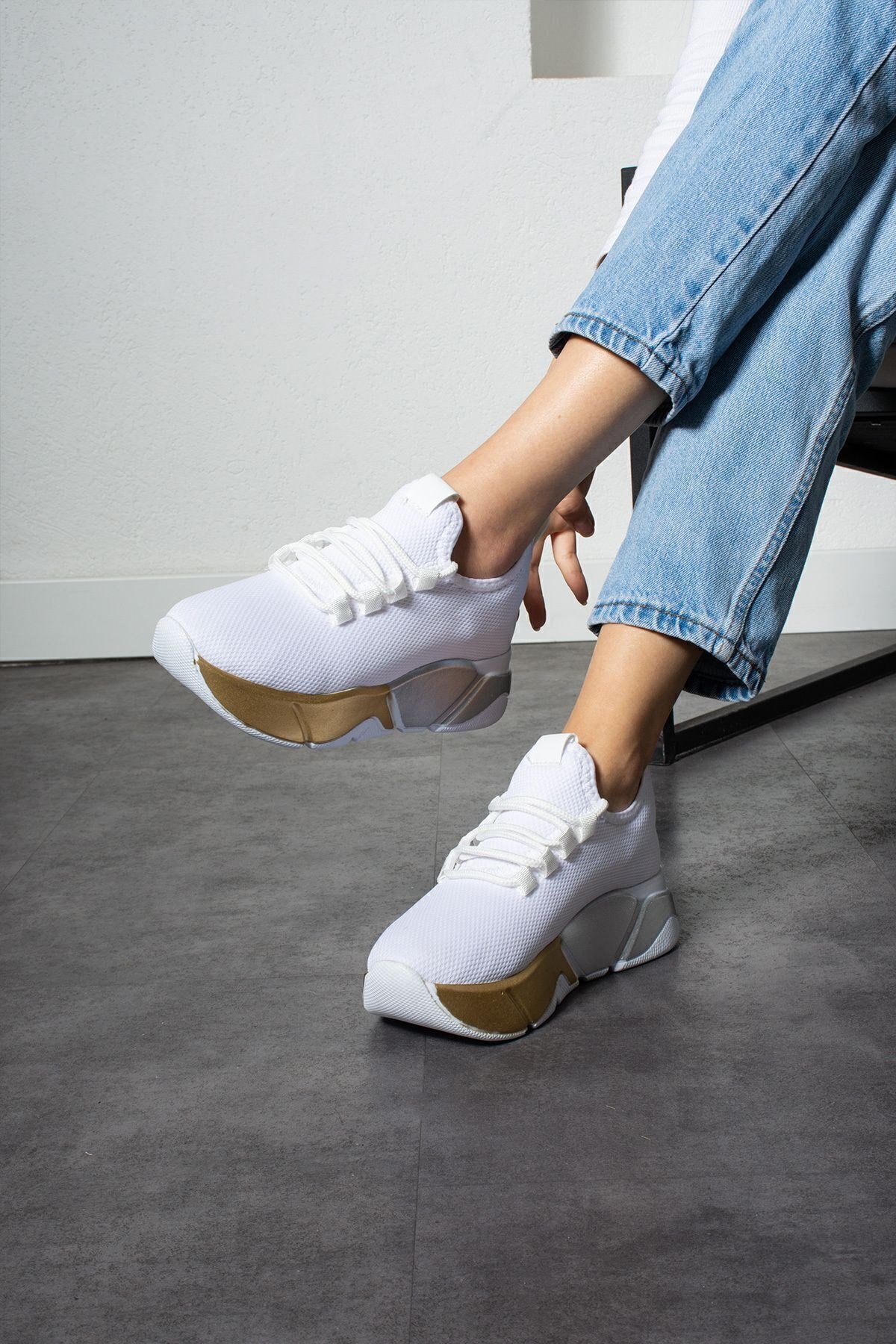 Beyaz-platin Kadın Bağcık Detaylı Fileli Sneaker Ve Günlük Kadın Spor Ayakkabı Kadın Sneakers
