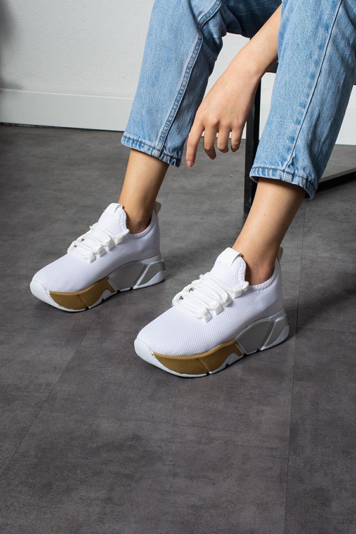 Beyaz-platin Kadın Bağcık Detaylı Fileli Sneaker Ve Günlük Kadın Spor Ayakkabı Kadın Sneakers