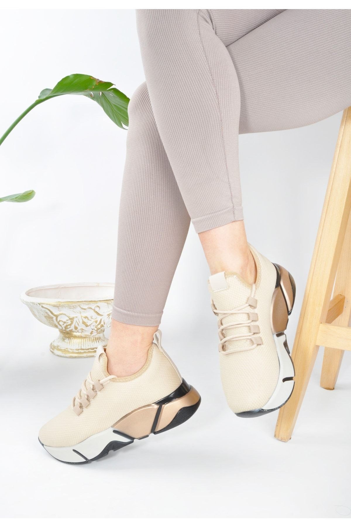 Günlük Bej-multi Kadın Sneaker Bağcıklı Triko Esnek Hafif Ve Kalın Tabanlı Yürüyüş Spor Ayakkabı