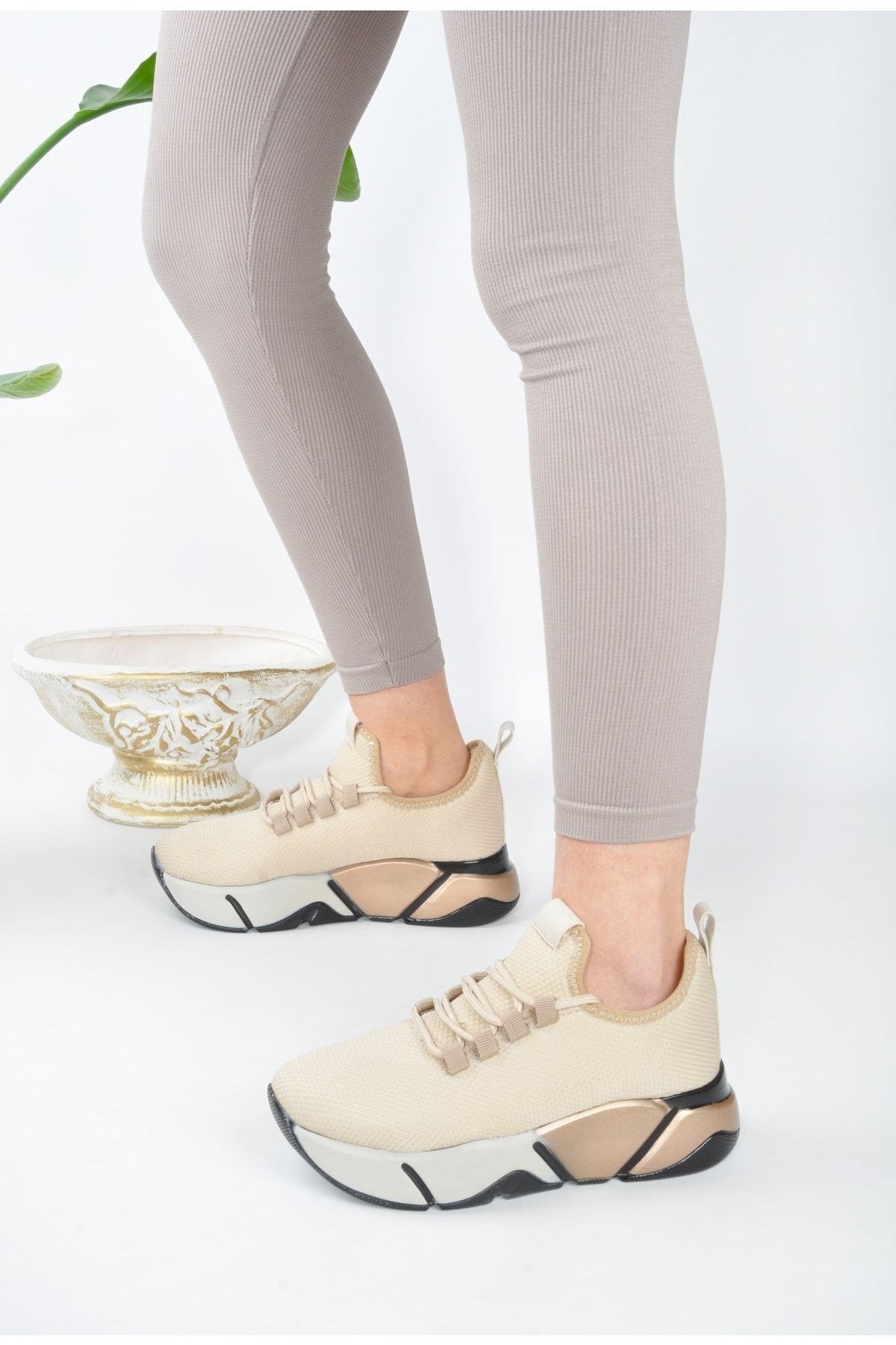 Günlük Bej-multi Kadın Sneaker Bağcıklı Triko Esnek Hafif Ve Kalın Tabanlı Yürüyüş Spor Ayakkabı