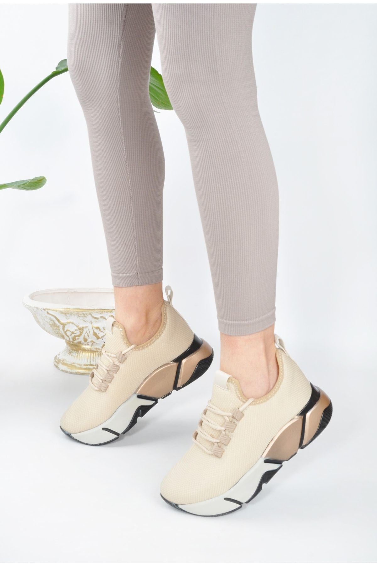 Günlük Bej-multi Kadın Sneaker Bağcıklı Triko Esnek Hafif Ve Kalın Tabanlı Yürüyüş Spor Ayakkabı