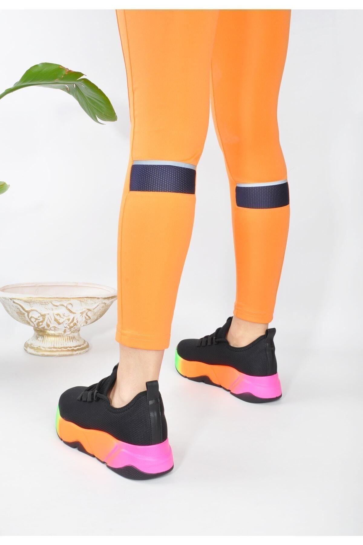 Günlük Siyah-multi Kadın Sneaker Bağcıklı Triko Esnek Hafif Ve Kalın Tabanlı Yürüyüş Spor Ayakkabı