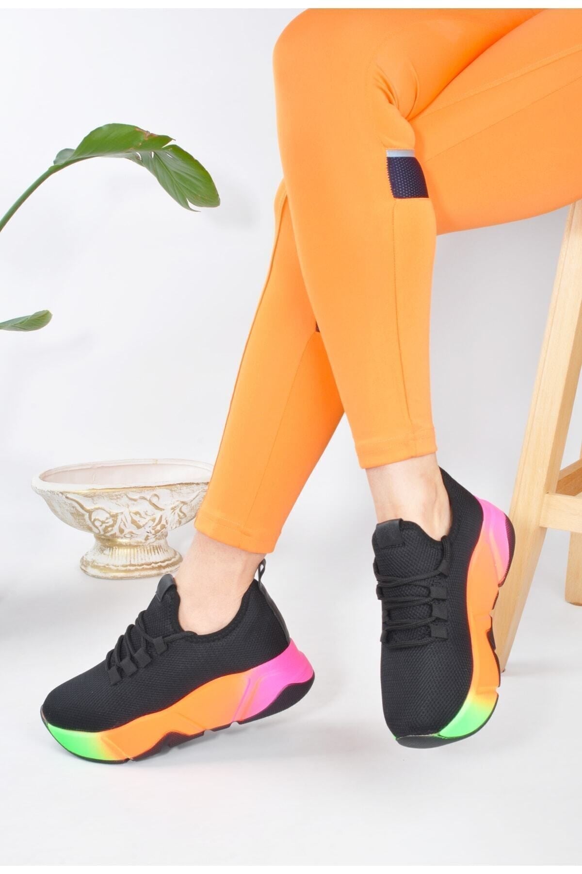 Günlük Siyah-multi Kadın Sneaker Bağcıklı Triko Esnek Hafif Ve Kalın Tabanlı Yürüyüş Spor Ayakkabı