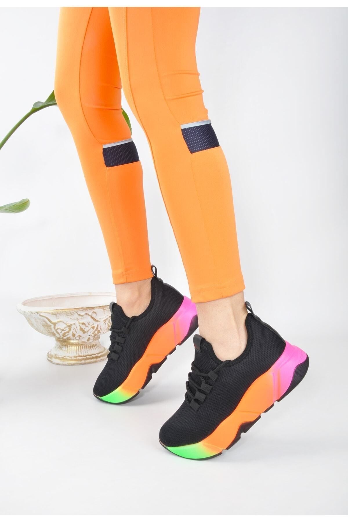 Günlük Siyah-multi Kadın Sneaker Bağcıklı Triko Esnek Hafif Ve Kalın Tabanlı Yürüyüş Spor Ayakkabı