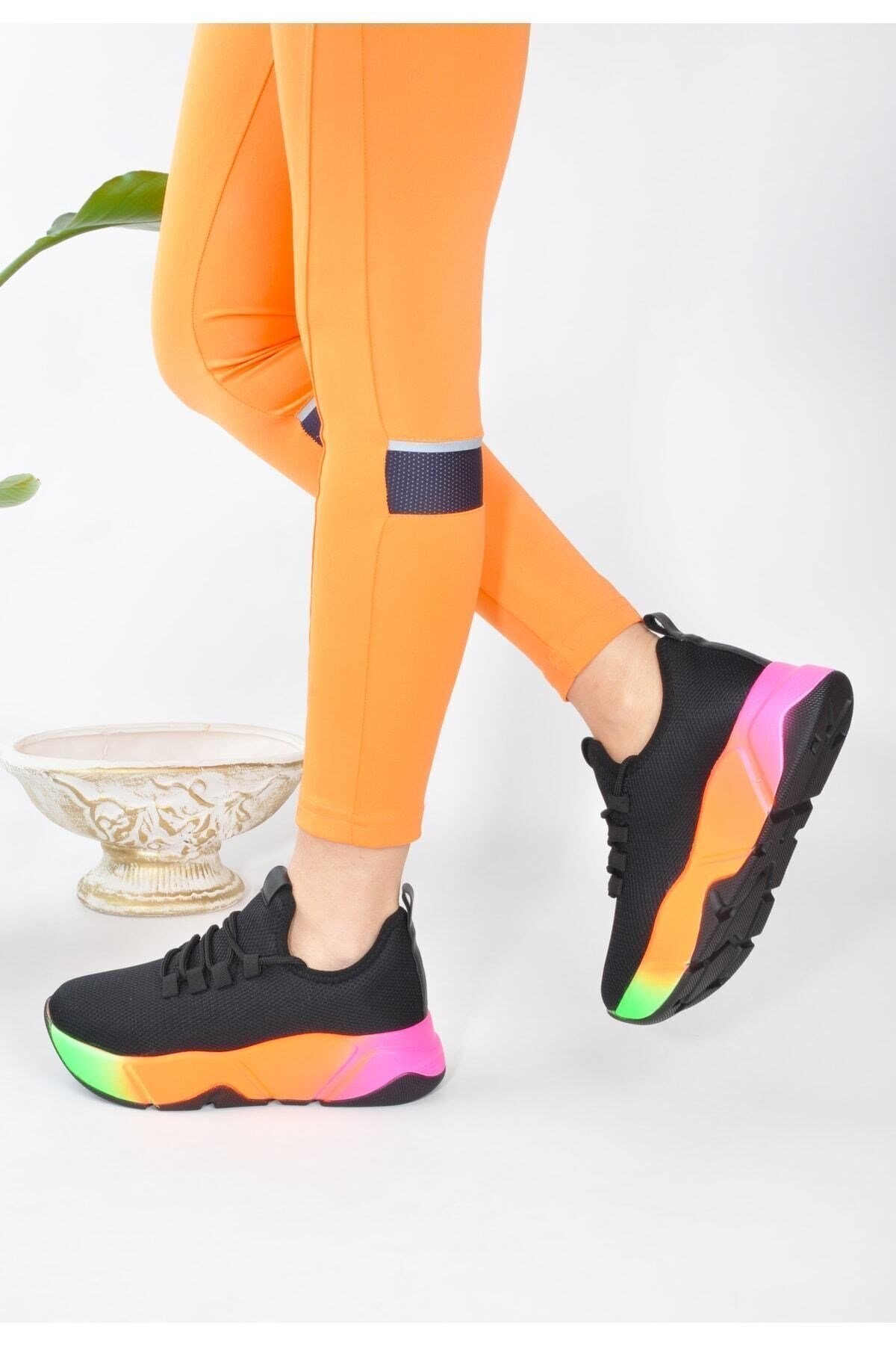 Günlük Siyah-multi Kadın Sneaker Bağcıklı Triko Esnek Hafif Ve Kalın Tabanlı Yürüyüş Spor Ayakkabı