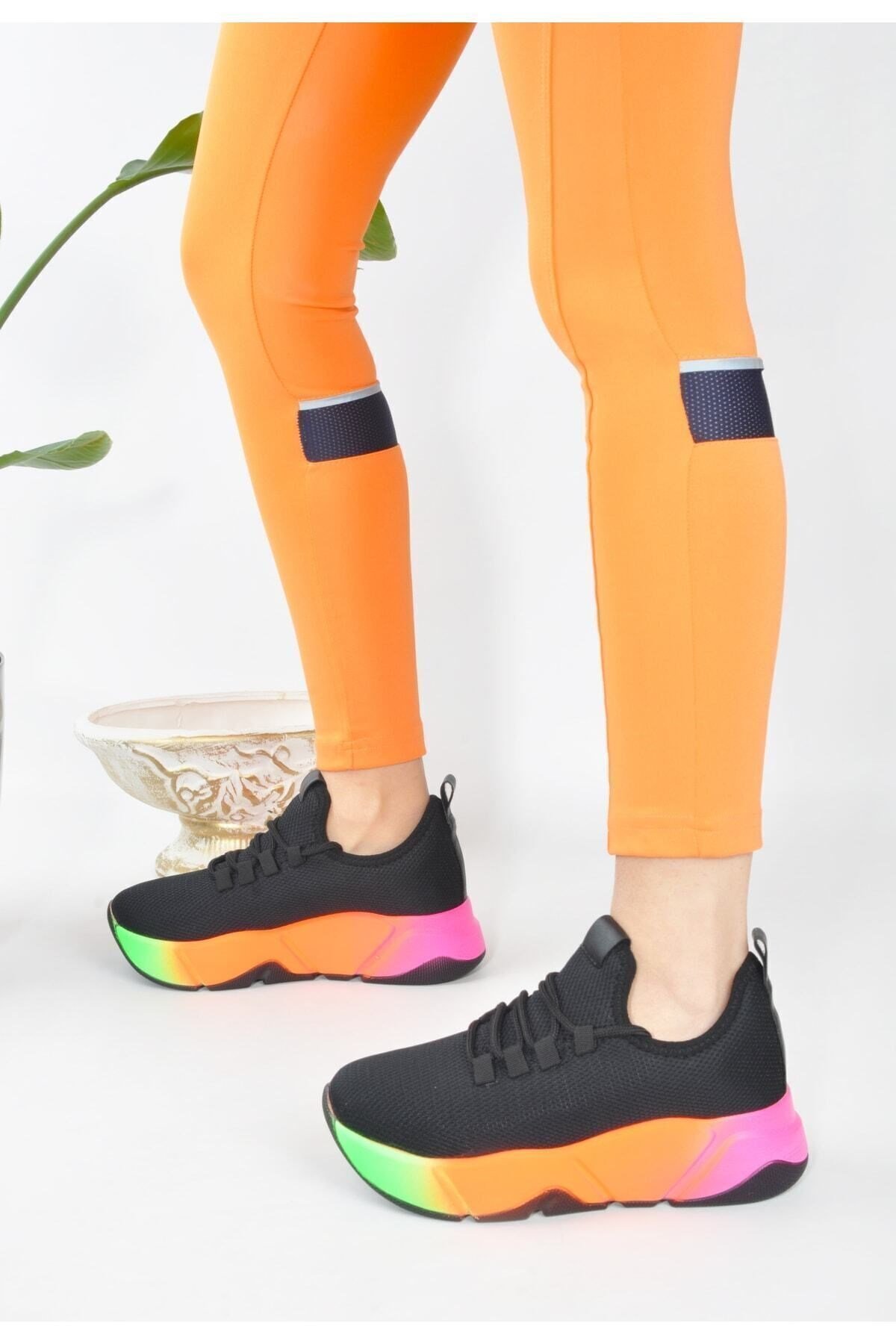 Günlük Siyah-multi Kadın Sneaker Bağcıklı Triko Esnek Hafif Ve Kalın Tabanlı Yürüyüş Spor Ayakkabı