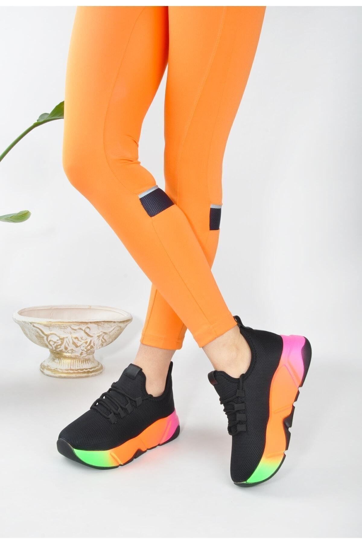 Günlük Siyah-multi Kadın Sneaker Bağcıklı Triko Esnek Hafif Ve Kalın Tabanlı Yürüyüş Spor Ayakkabı