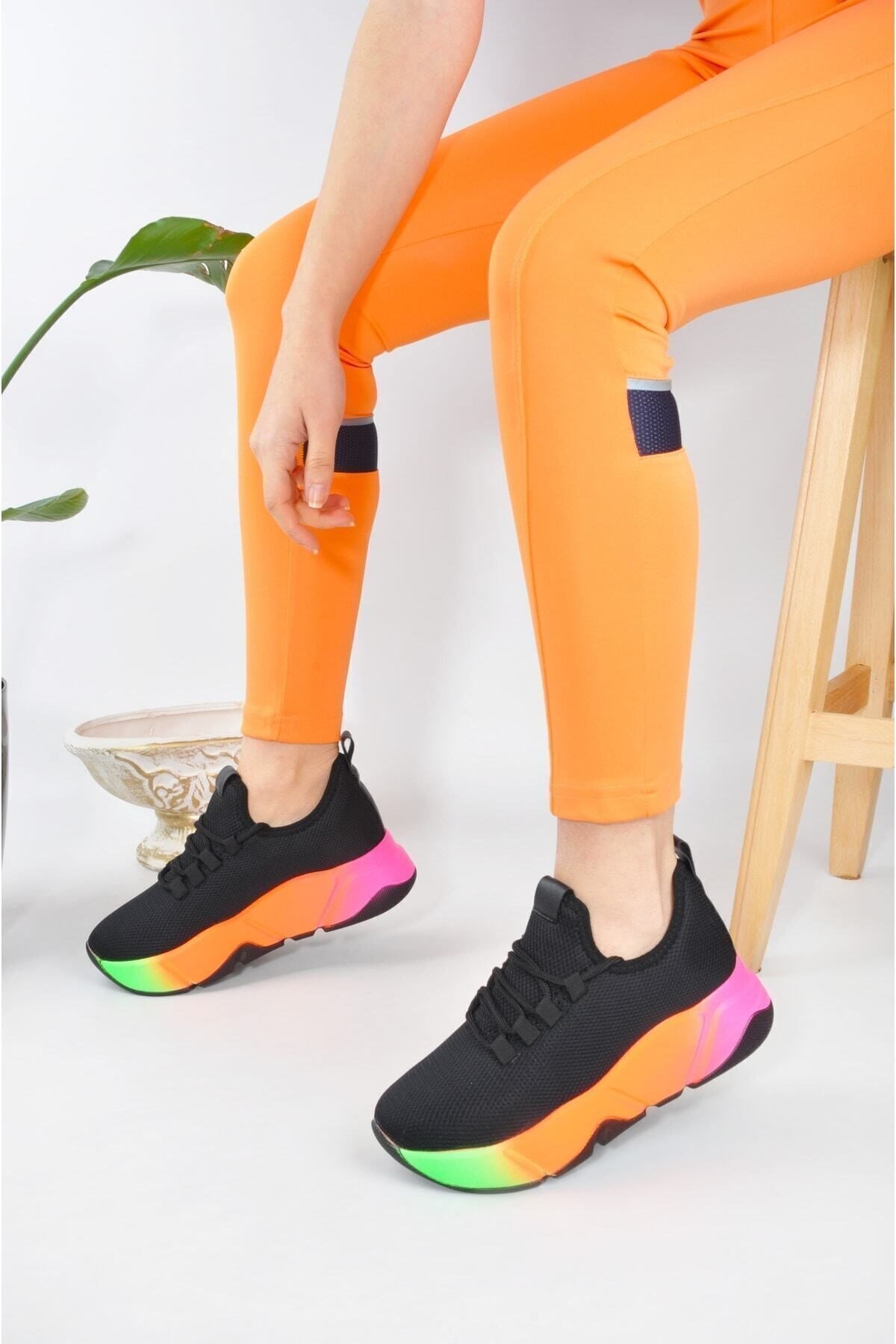 Günlük Siyah-multi Kadın Sneaker Bağcıklı Triko Esnek Hafif Ve Kalın Tabanlı Yürüyüş Spor Ayakkabı