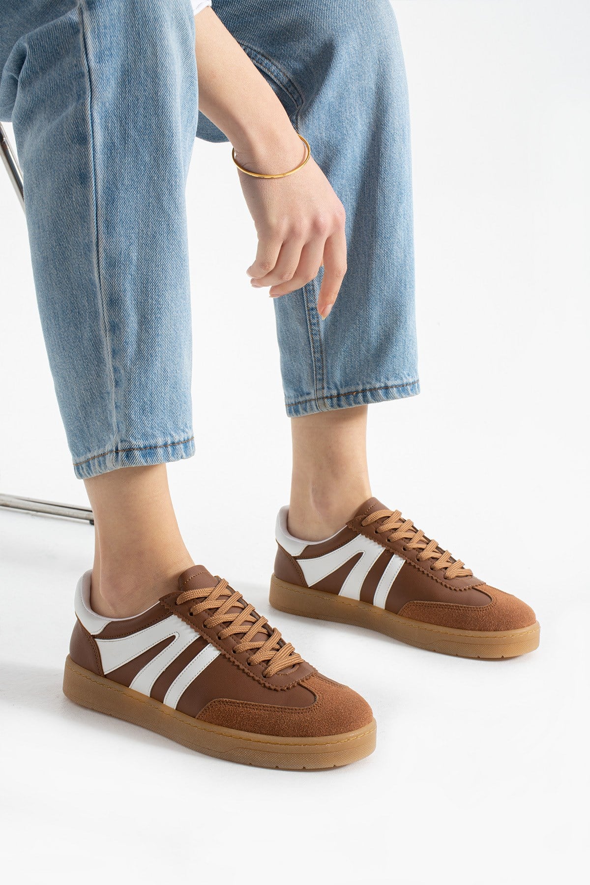 Kadın Sneaker Bağcıklı Rahat Düz Ortopedik Taban Günlük Spor Ayakkabı Taba