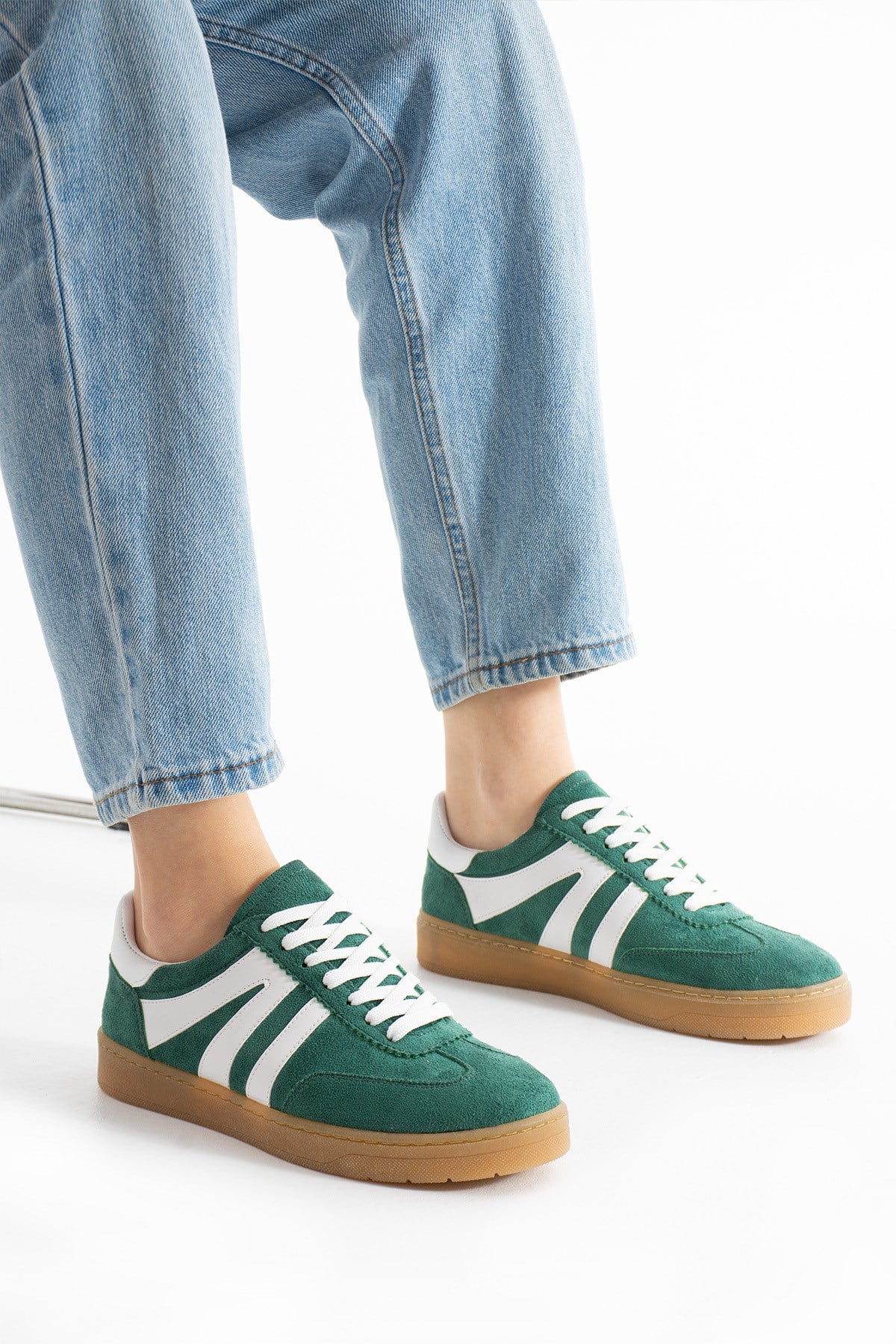 Kadın Sneaker Bağcıklı Rahat Düz Ortopedik Taban Günlük Spor Ayakkabı Yeşil