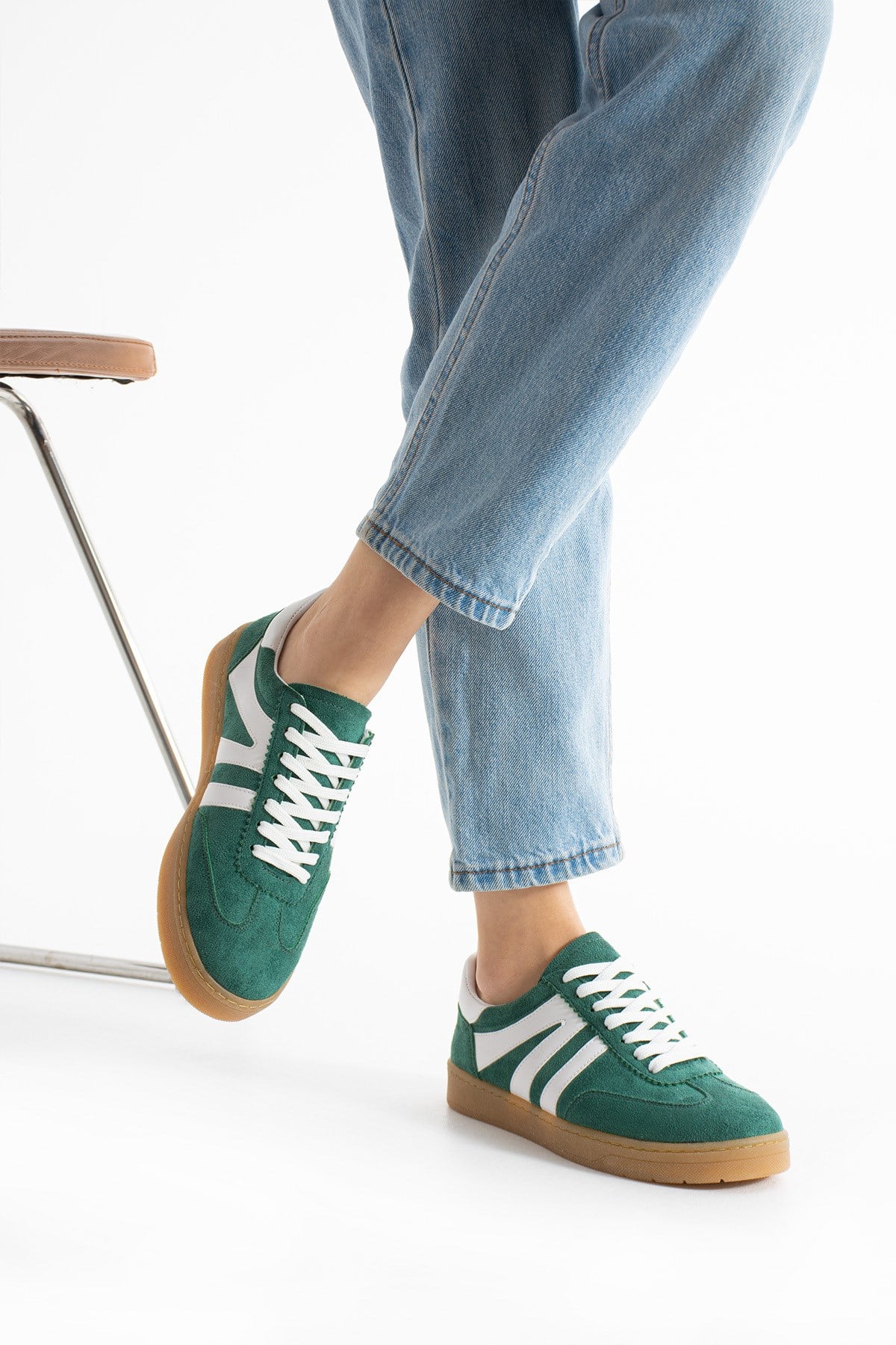 Kadın Sneaker Bağcıklı Rahat Düz Ortopedik Taban Günlük Spor Ayakkabı Yeşil