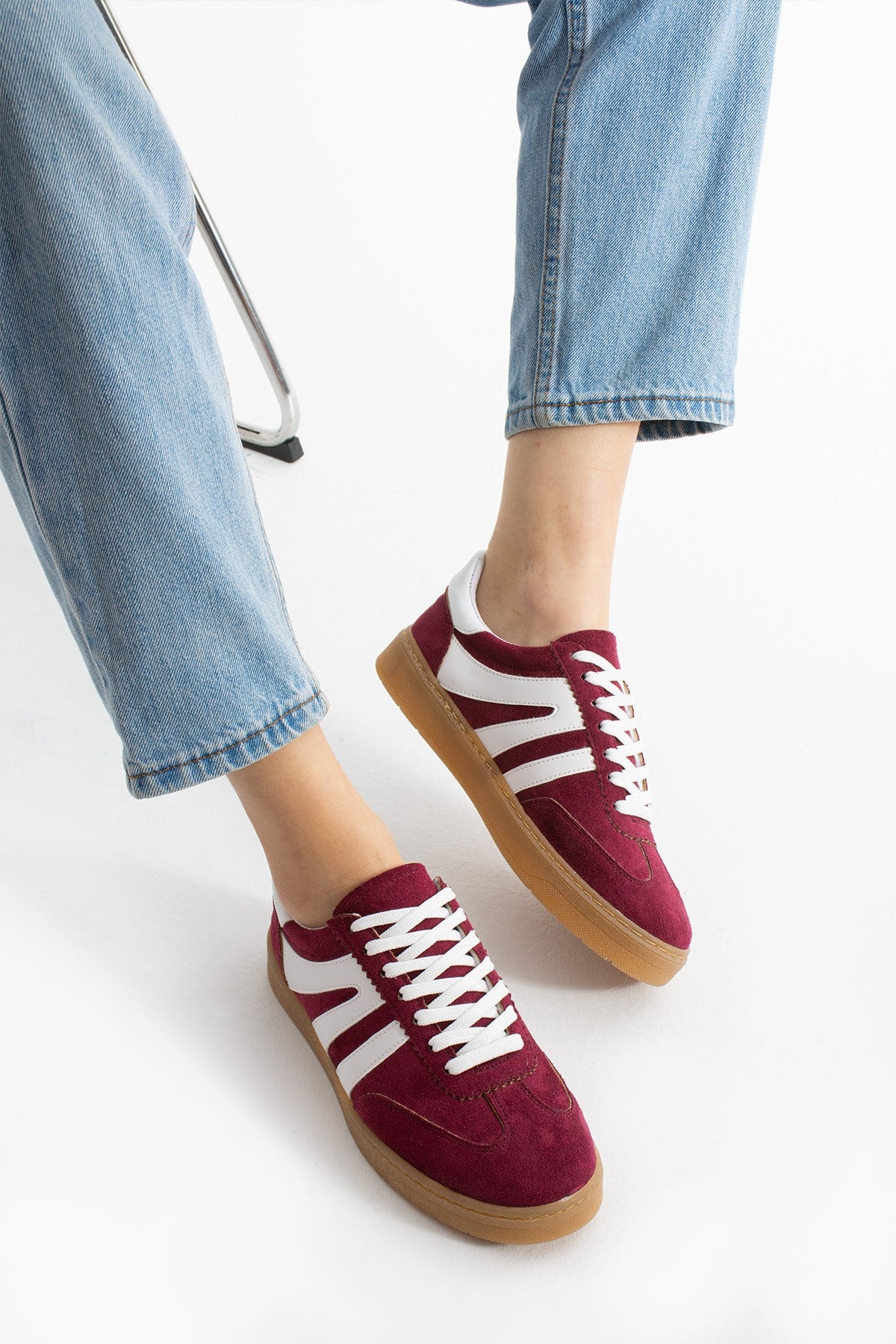 Kadın Sneaker Bağcıklı Rahat Düz Ortopedik Taban Günlük Spor Ayakkabı Bordo