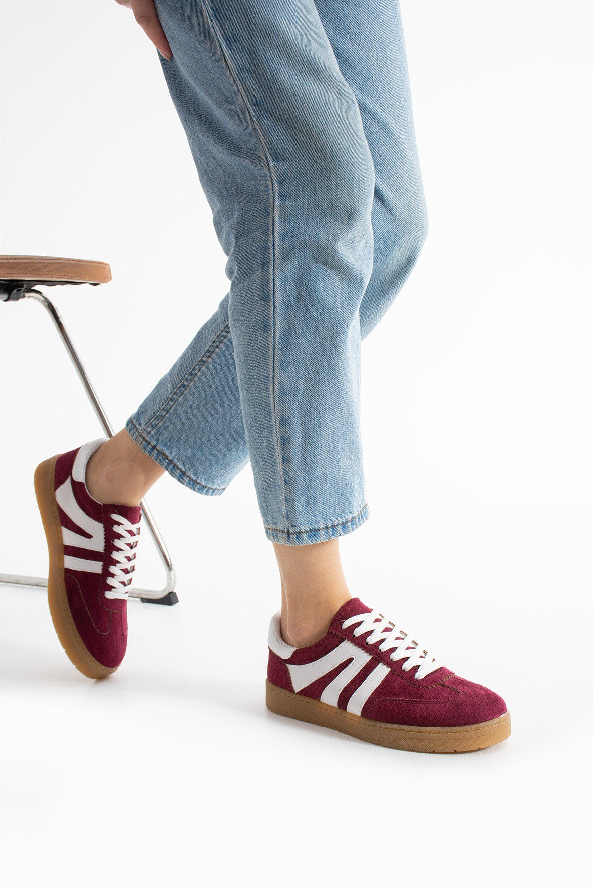 Kadın Sneaker Bağcıklı Rahat Düz Ortopedik Taban Günlük Spor Ayakkabı Bordo