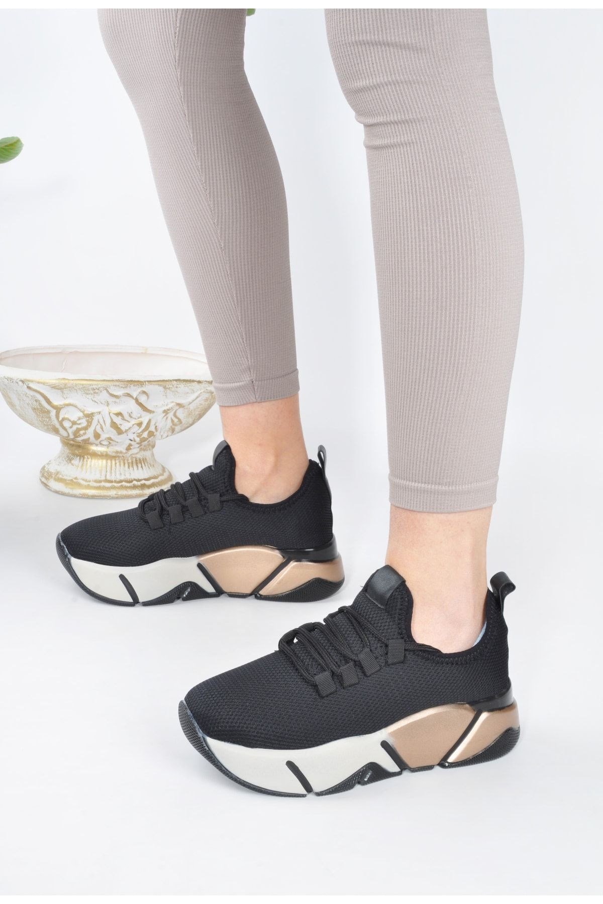 Kadın Sneaker Bağcıklı Triko Esnek Hafif Ve Kalın Tabanlı Yürüyüş Spor Ayakkabı