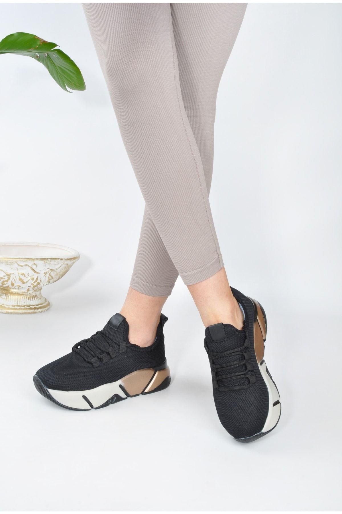 Kadın Sneaker Bağcıklı Triko Esnek Hafif Ve Kalın Tabanlı Yürüyüş Spor Ayakkabı