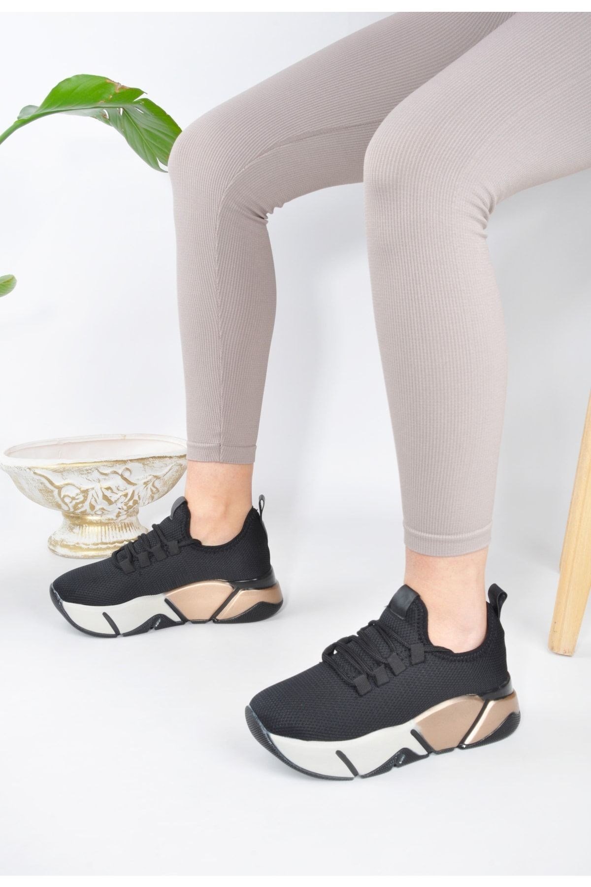 Kadın Sneaker Bağcıklı Triko Esnek Hafif Ve Kalın Tabanlı Yürüyüş Spor Ayakkabı