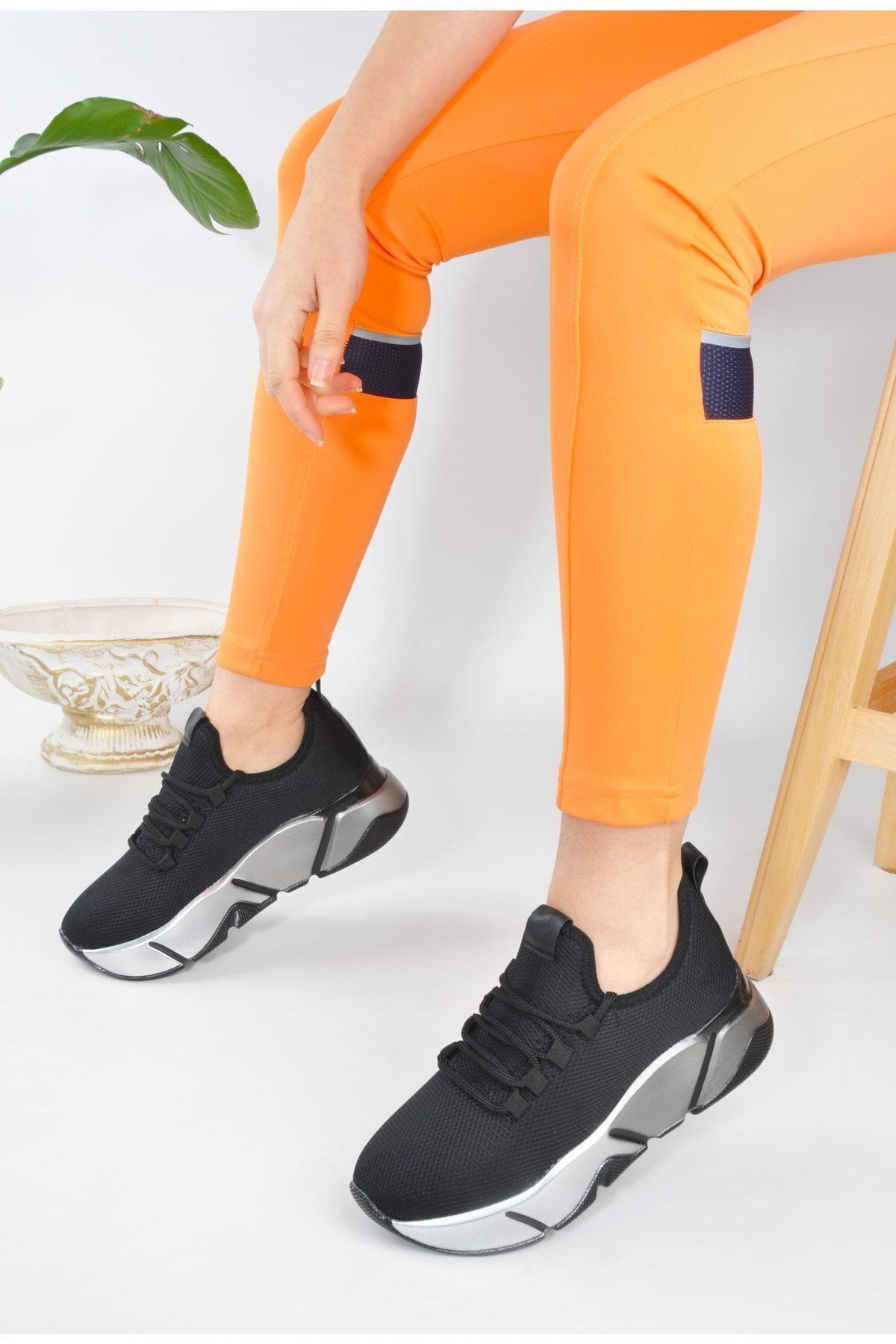 Siyah - Günlük Kadın Sneaker Bağcıklı Triko Esnek Hafif Ve Kalın Taban Yürüyüş Spor Ayakkabı