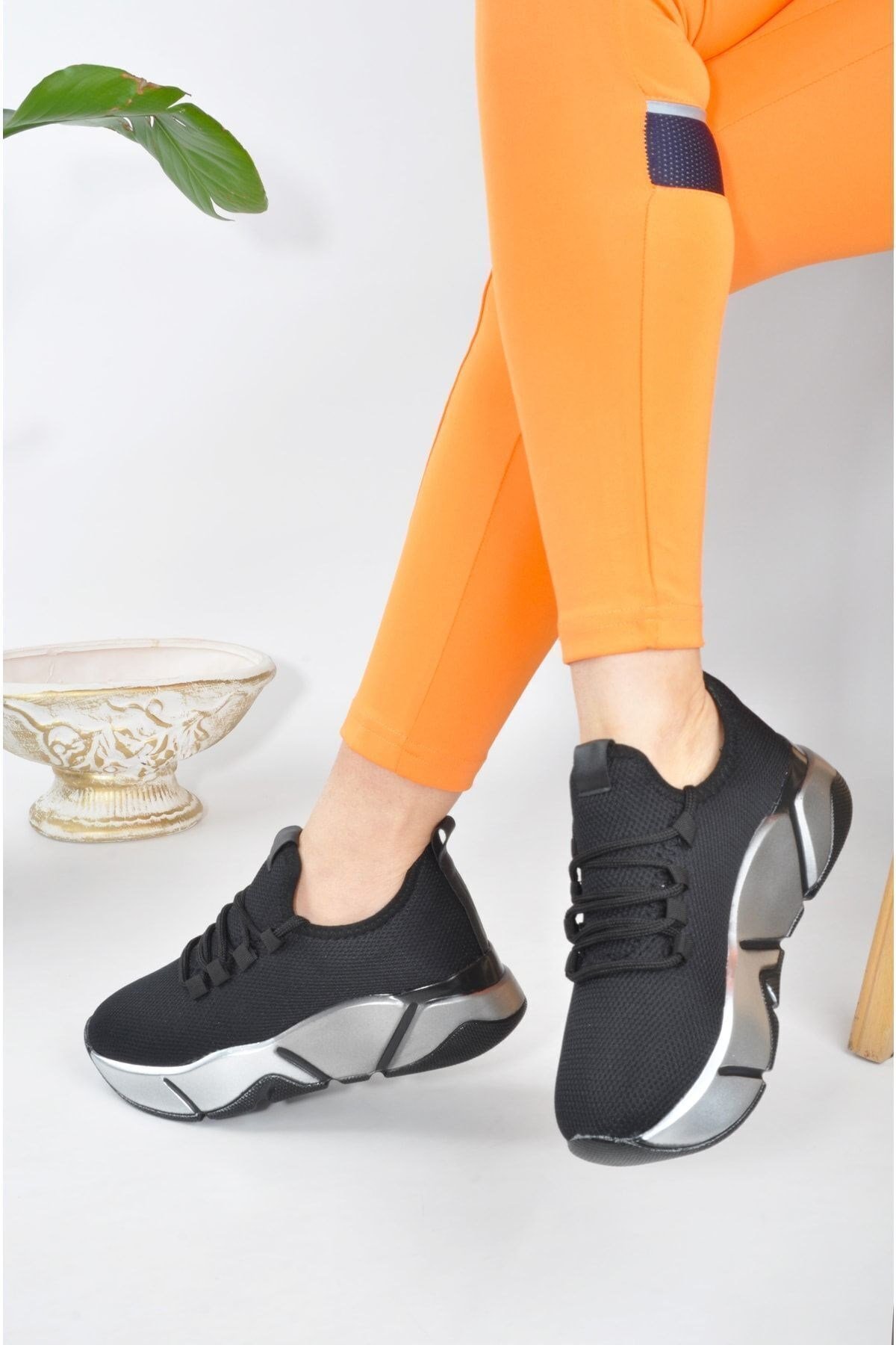 Siyah - Günlük Kadın Sneaker Bağcıklı Triko Esnek Hafif Ve Kalın Taban Yürüyüş Spor Ayakkabı