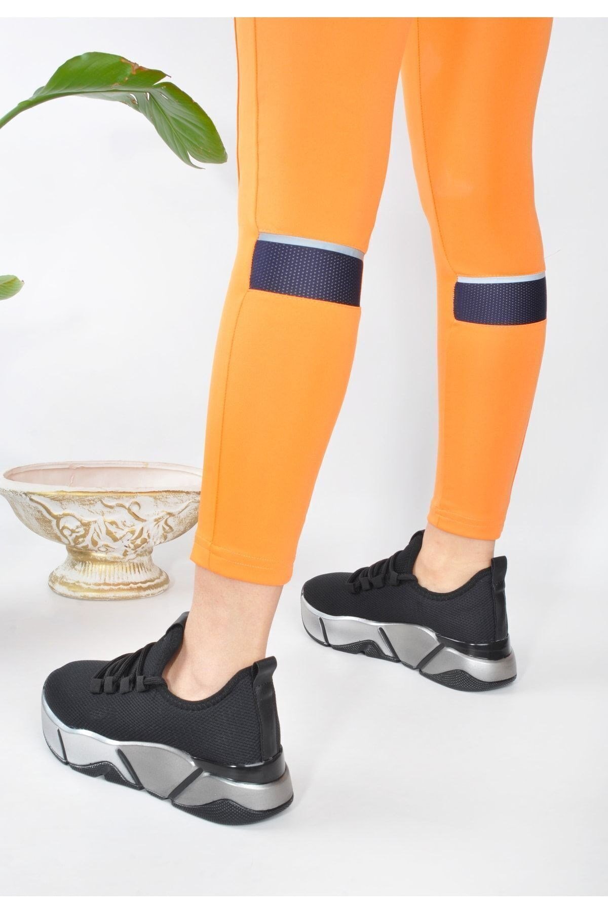 Siyah - Günlük Kadın Sneaker Bağcıklı Triko Esnek Hafif Ve Kalın Taban Yürüyüş Spor Ayakkabı