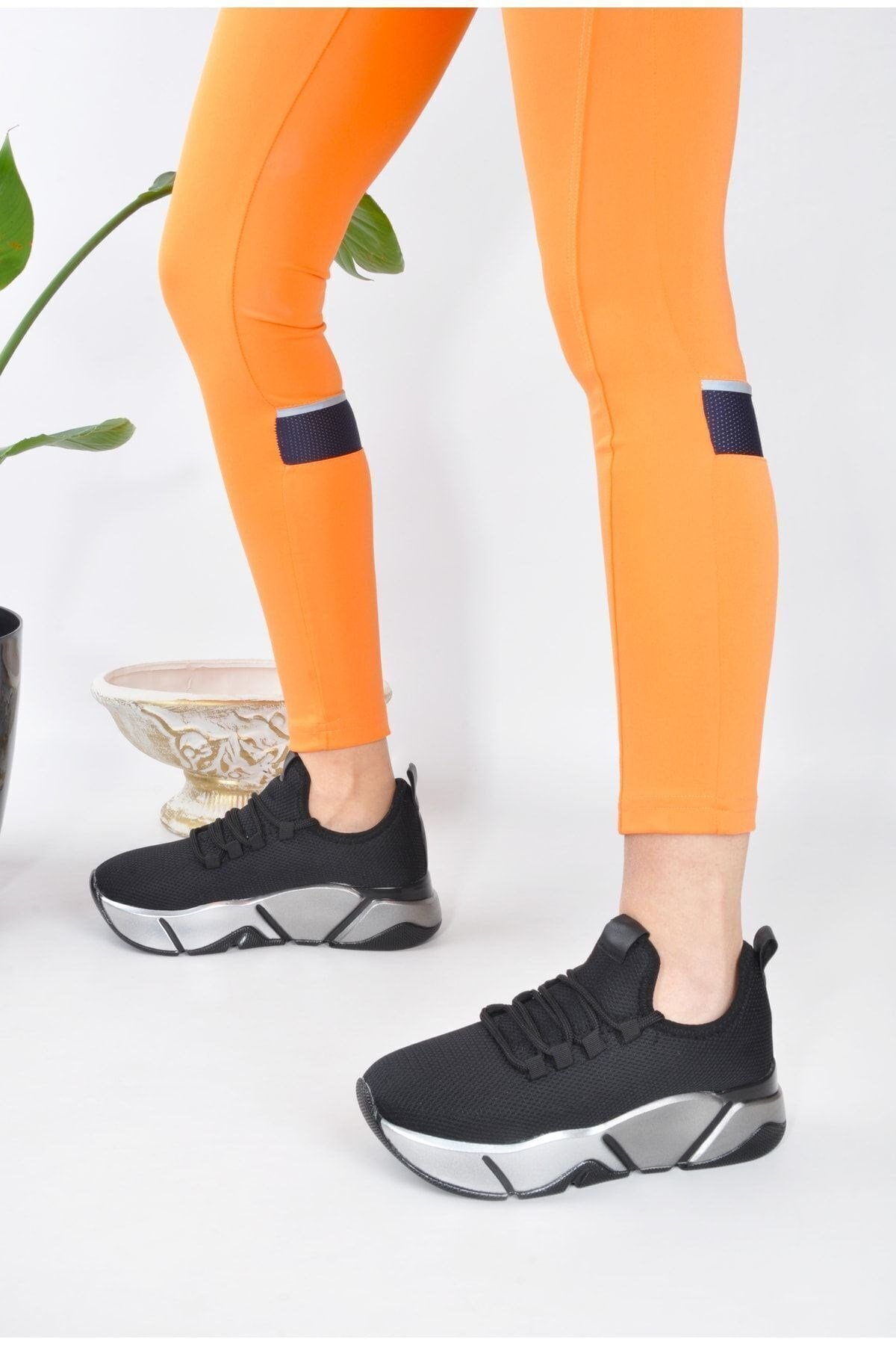 Siyah - Günlük Kadın Sneaker Bağcıklı Triko Esnek Hafif Ve Kalın Taban Yürüyüş Spor Ayakkabı