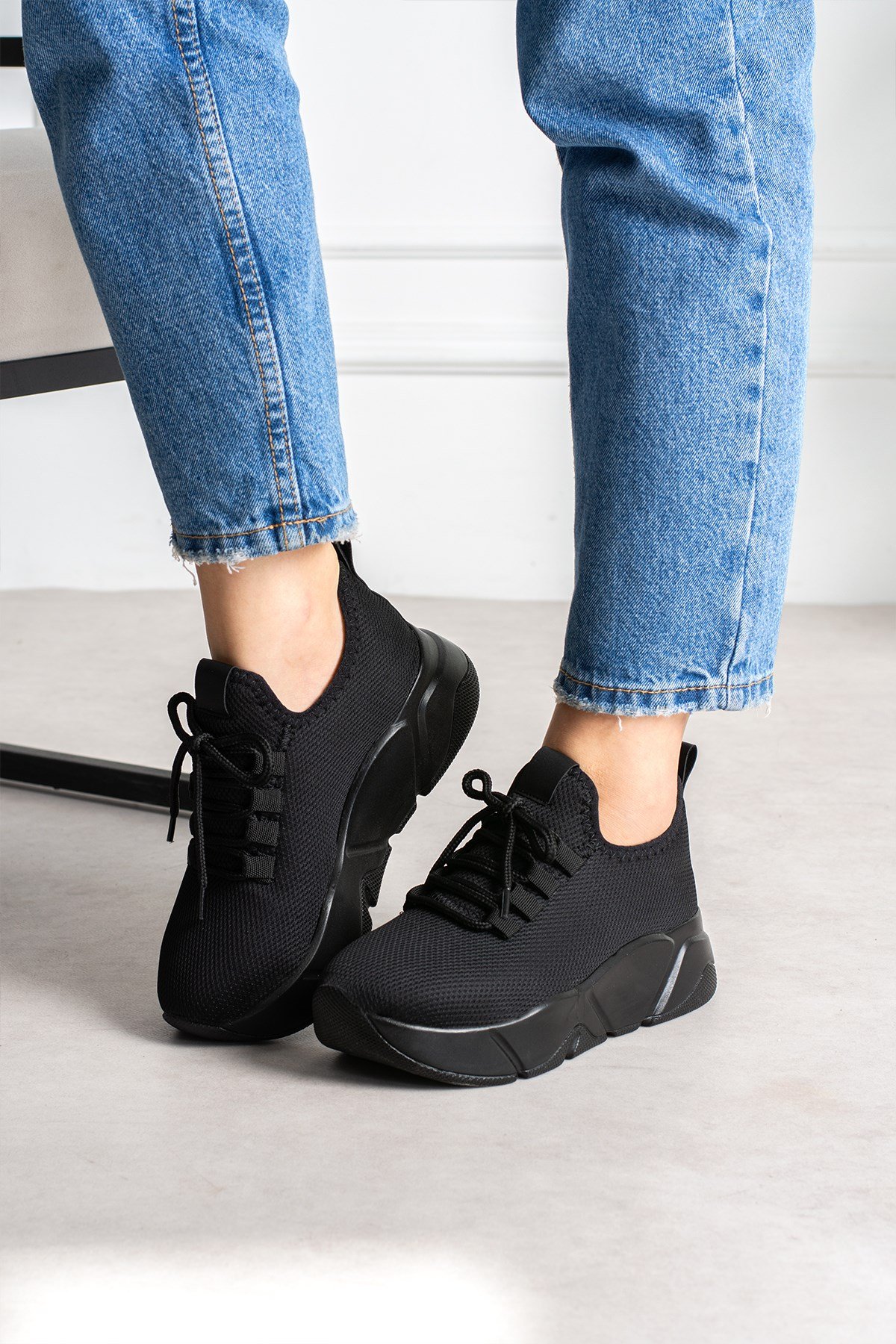 Siyah-Siyah Kadın Bağcık Detaylı Fileli Sneaker Ve Günlük Kadın Spor Ayakkabı Kadın Sneakers