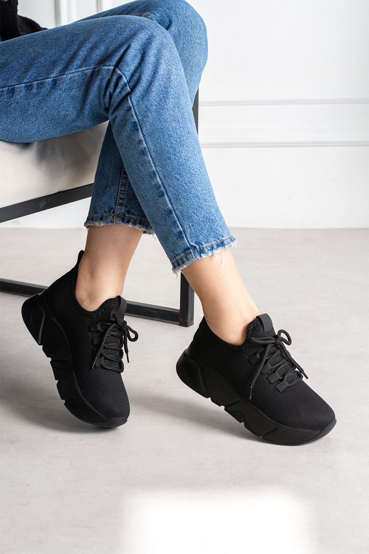 Siyah-Siyah Kadın Bağcık Detaylı Fileli Sneaker Ve Günlük Kadın Spor Ayakkabı Kadın Sneakers