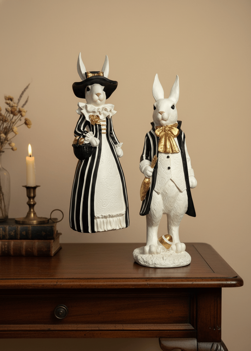 Çift Tavşan Figürü - Romantik Dekor (22x37x10)