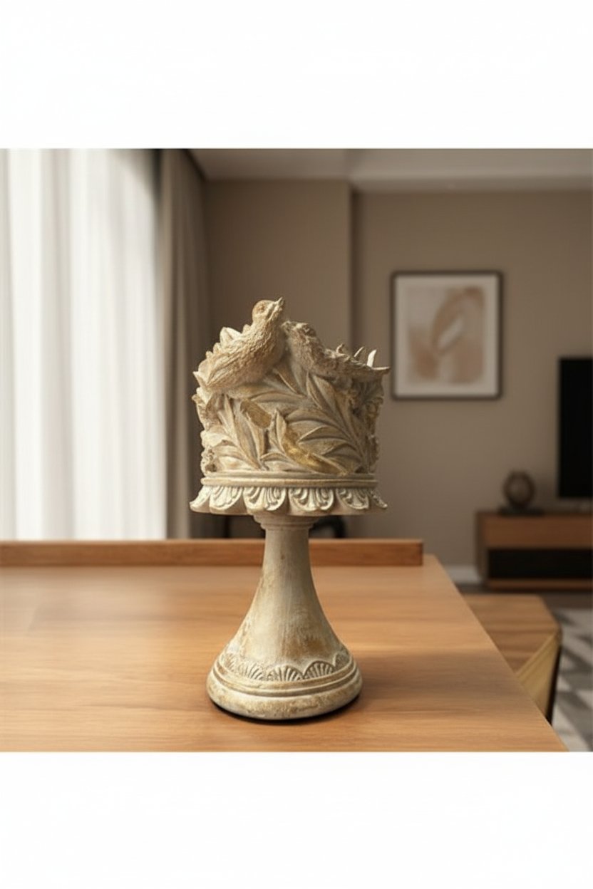 Dekoratif Polyester Kuşlu Ayaklı Şamdan Mumluk Krem Eskitme 23X11X10 cm