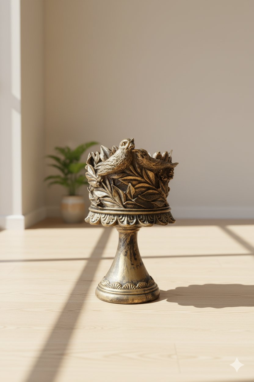 Dekoratif Polyester Kuşlu Ayaklı Şamdan Mumluk Gold Eskitme 23X11X10 cm