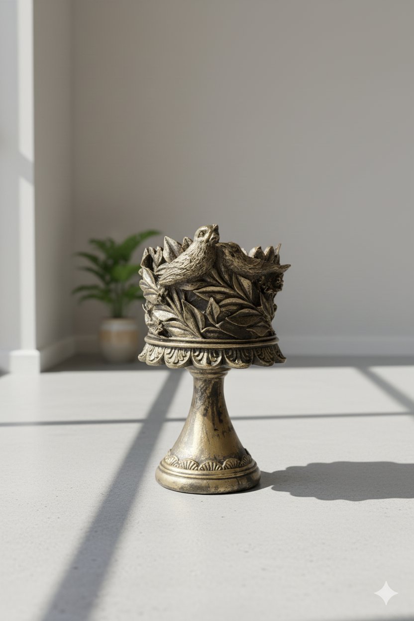 Dekoratif Polyester Kuşlu Ayaklı Şamdan Mumluk Gold Eskitme 23X11X10 cm