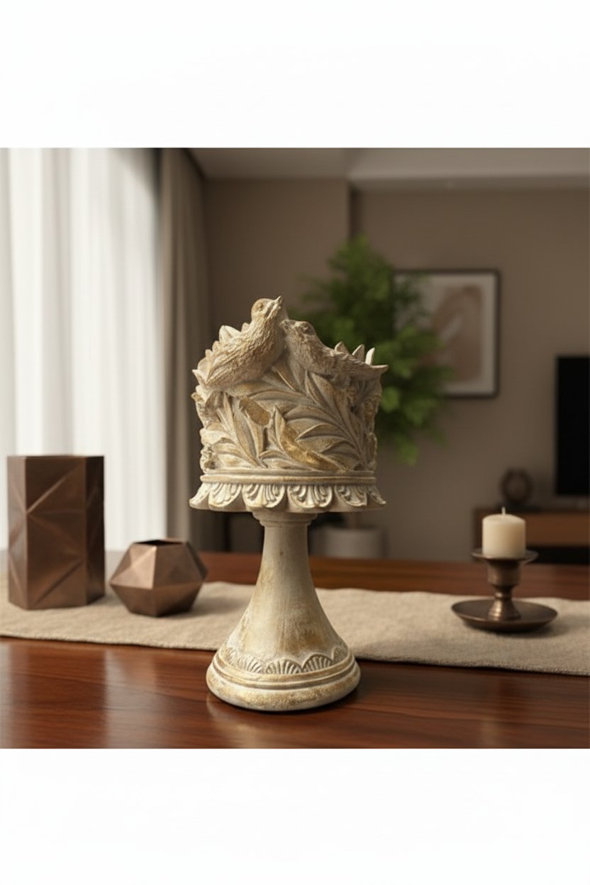 Dekoratif Polyester Kuşlu Ayaklı Şamdan Mumluk Krem Eskitme 23X11X10 cm