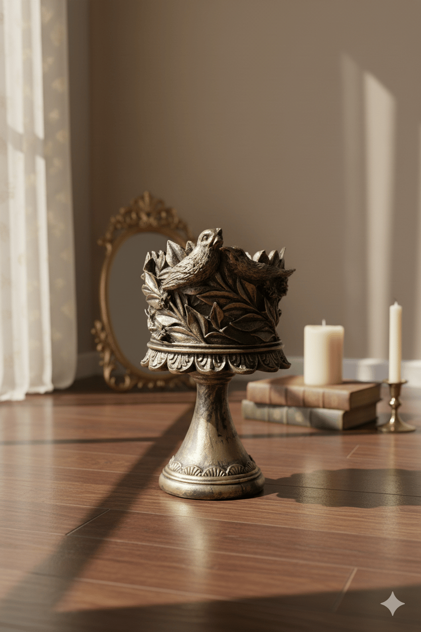 Dekoratif Polyester Kuşlu Ayaklı Şamdan Mumluk Gold Eskitme 23X11X10 cm