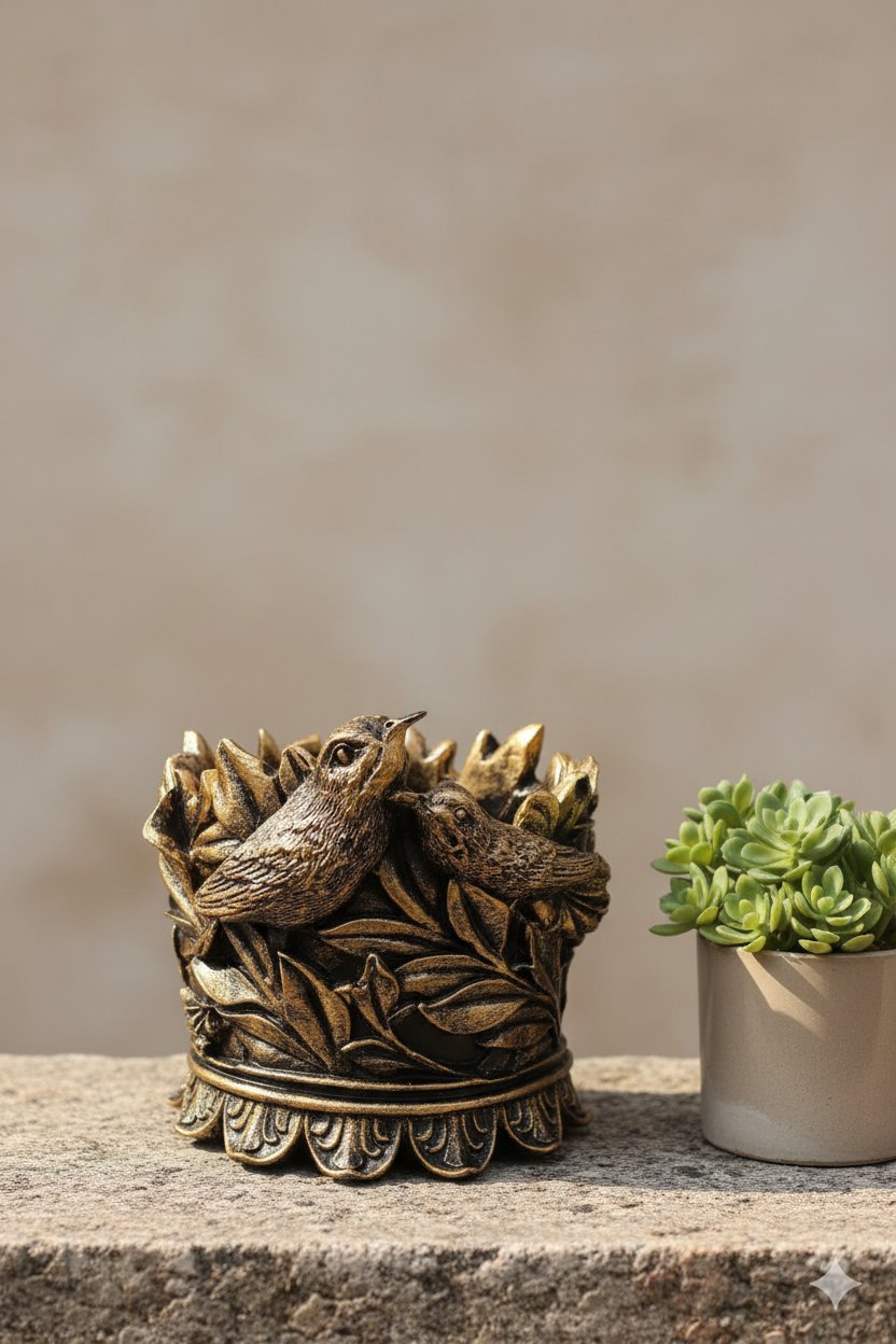 Dekoratif Polyester Kuşlu Şamdan Mumluk Gold Eskitme 11X11X10 cm