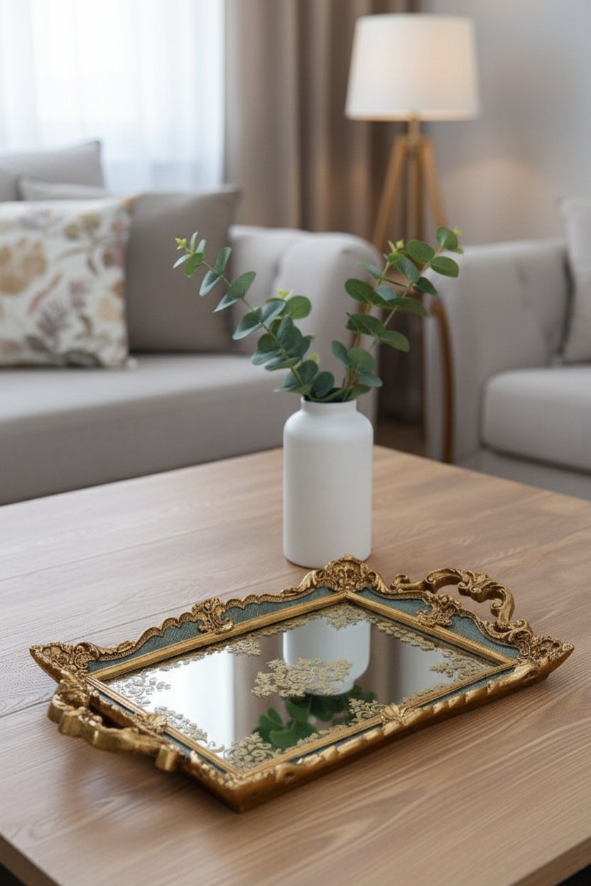 Şık Hediyelik Oymalı Sunum Aynalı Klasik Tepsi