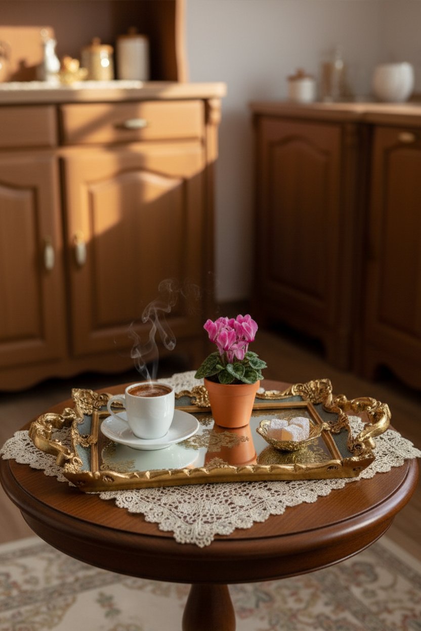 Şık Hediyelik Oymalı Sunum Aynalı Klasik Tepsi