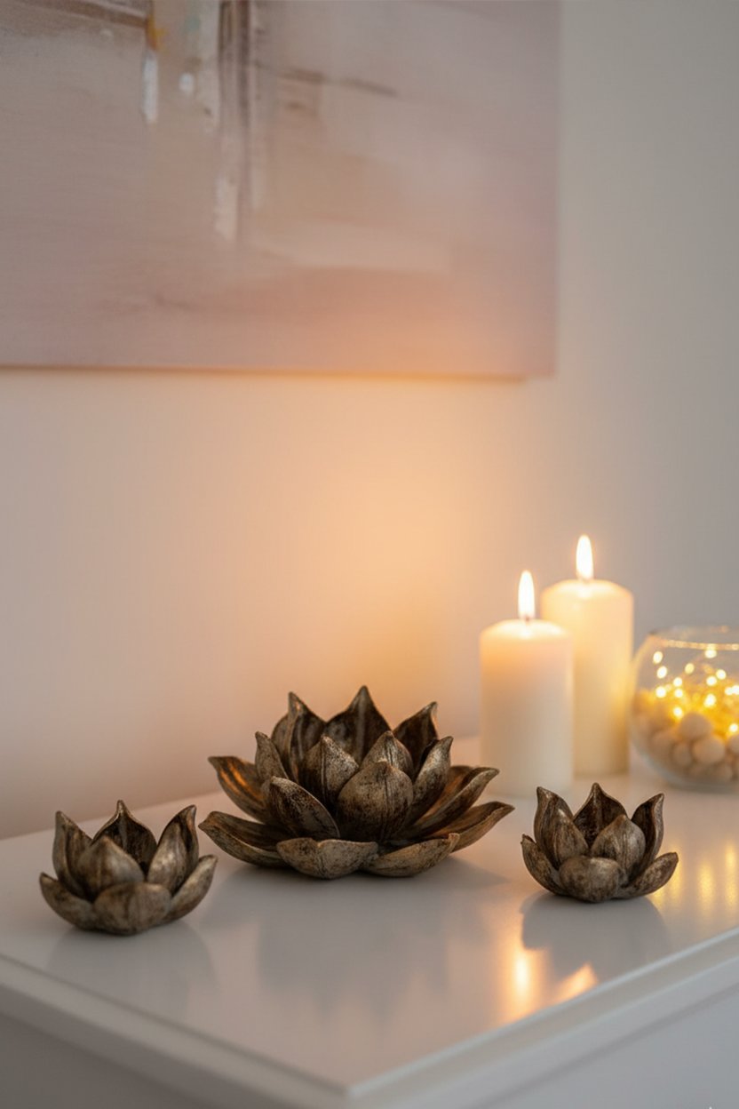 Şık Hediyelik Sehpa Üzeri Lotus Çiçek Seti