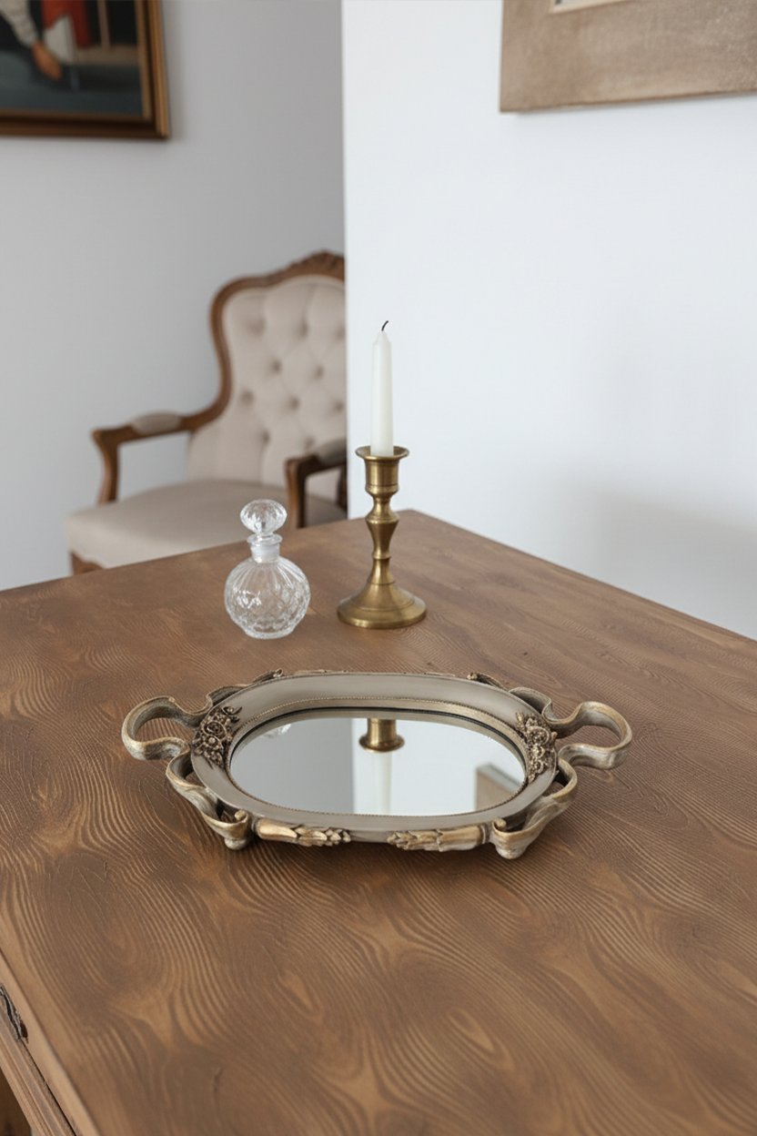 Şık Klasik Oval Aynalı Hediyelik Nişan Sunum Tepsisi