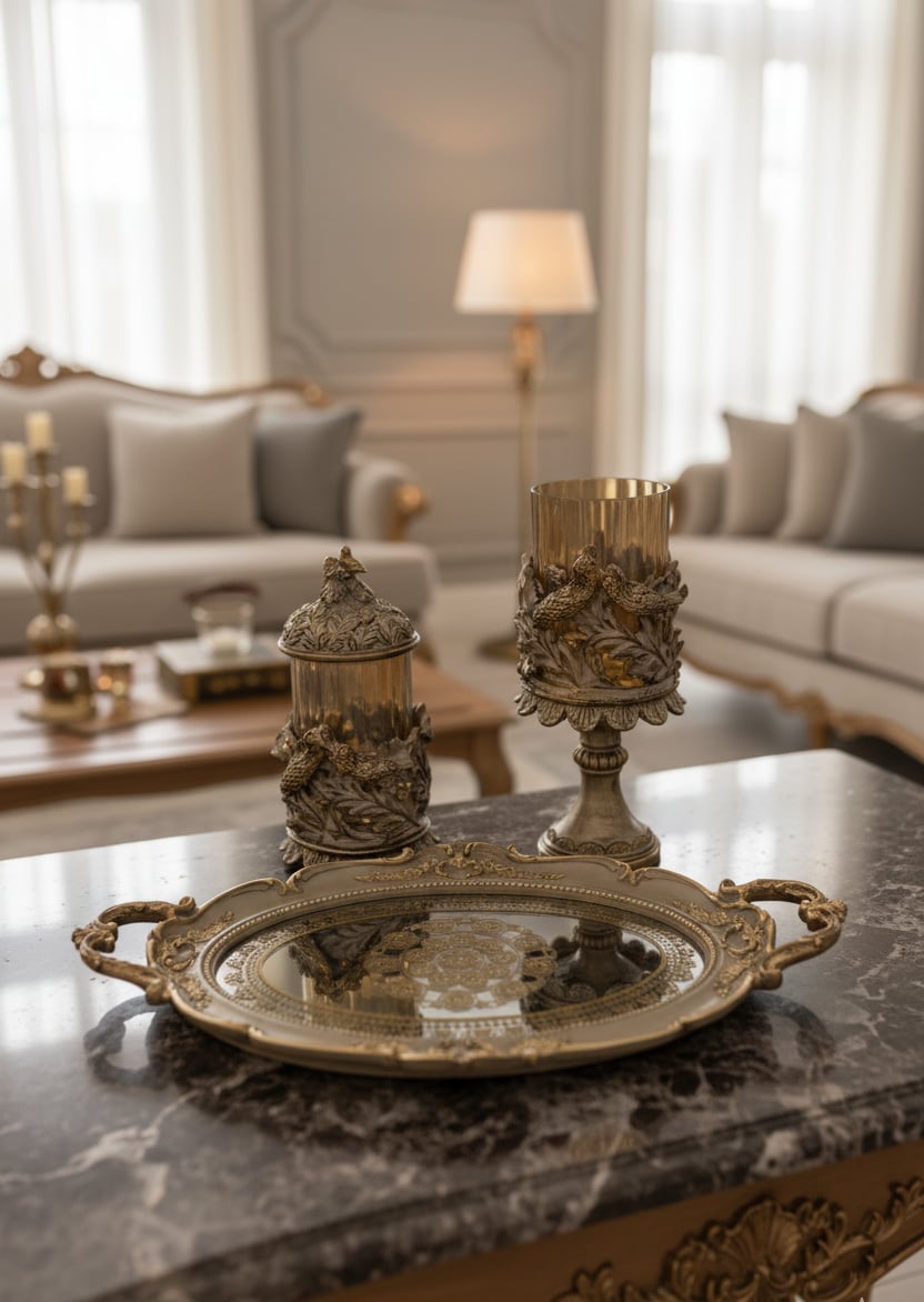 Şık Klasik Oval Aynalı Hediyelik Nişan Sunum Tepsisi